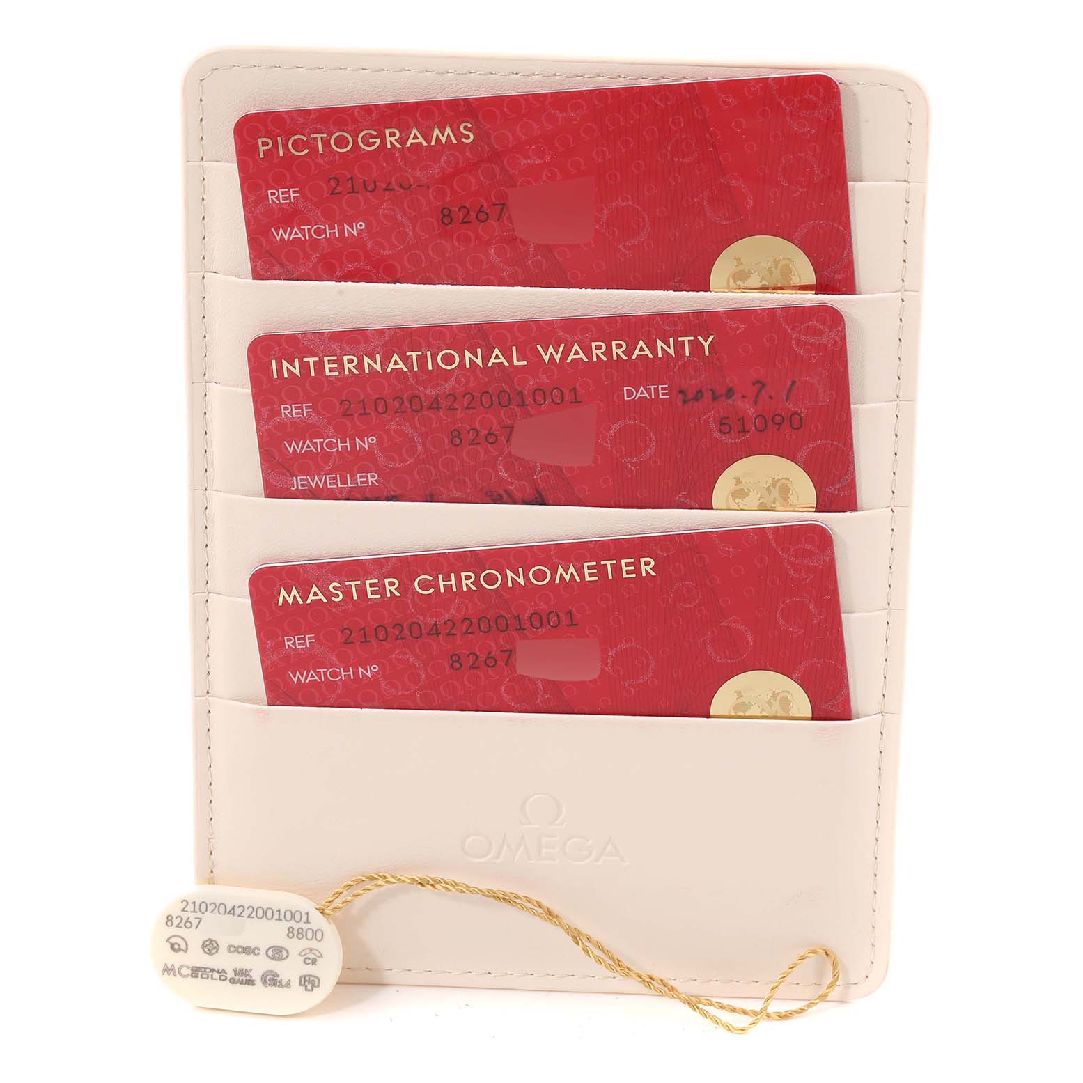 The image shows an Omega Seamaster 210.20.42.20.01.001 Men's Stainless Steel Black Dial 210.20.42.20.01.001 Men's Stainless Steel Black Dial model's card holder containing three cards (Pictograms, International Warranty, Master Chronometer) and a tag.