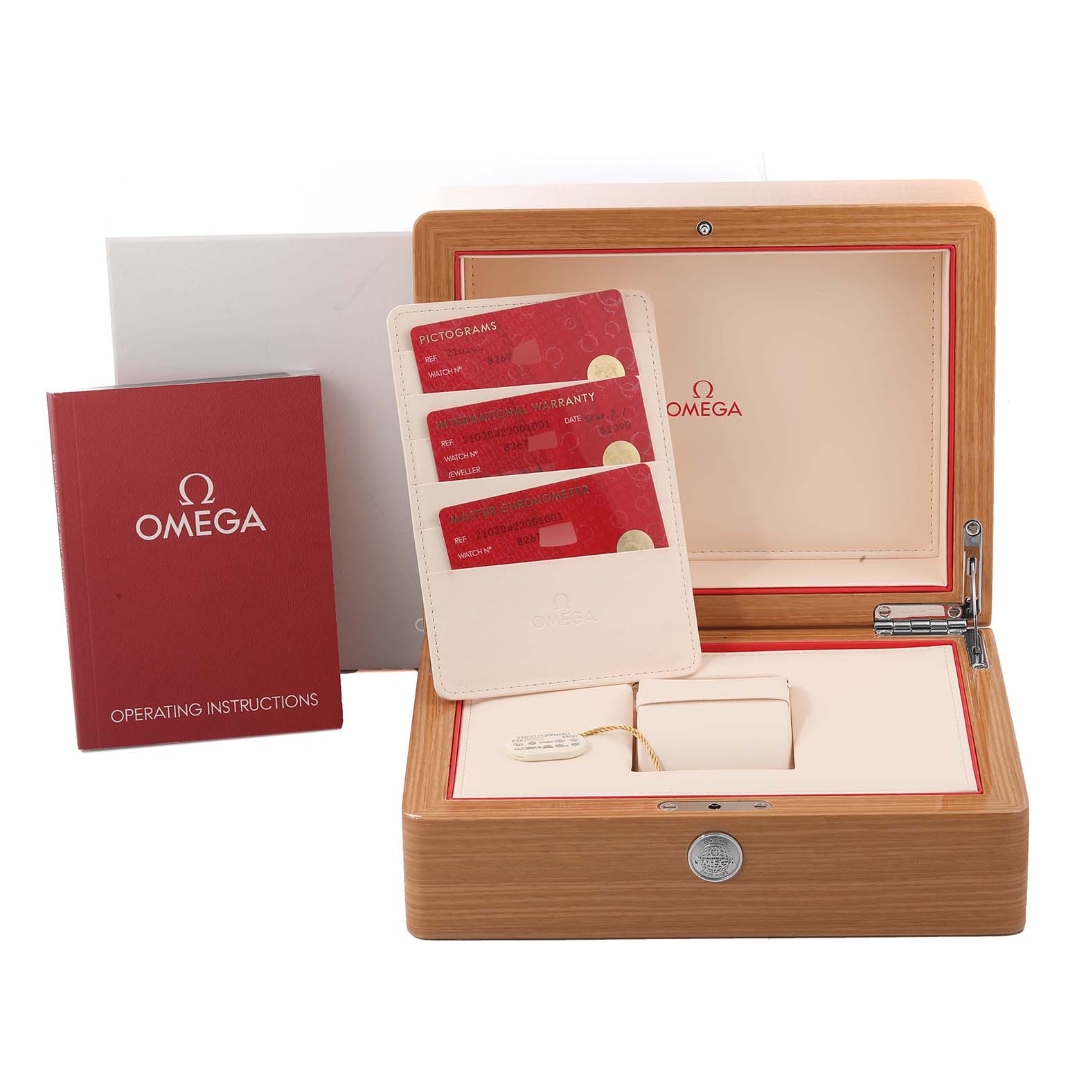 The image shows an Omega Seamaster 210.20.42.20.01.001 Men's Stainless Steel Black Dial 210.20.42.20.01.001 Men's Stainless Steel Black Dial watch box with operating instructions, warranty cards, and the watch compartment at a slightly elevated angle.