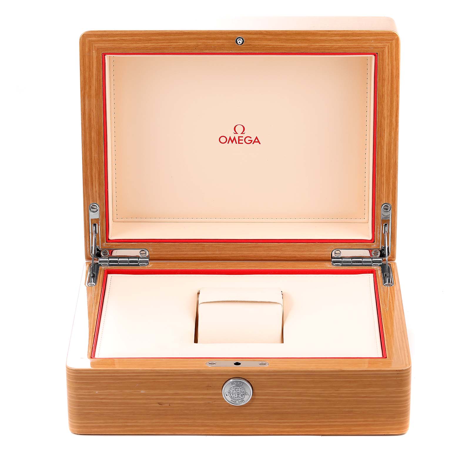 This image shows an open Omega Speedmaster 3551.20.00 Men
s Stainless Steel White Dial 3551.20.00 Men
s Stainless Steel White Dial watch box, viewed from the front, with branding visible inside the lid.