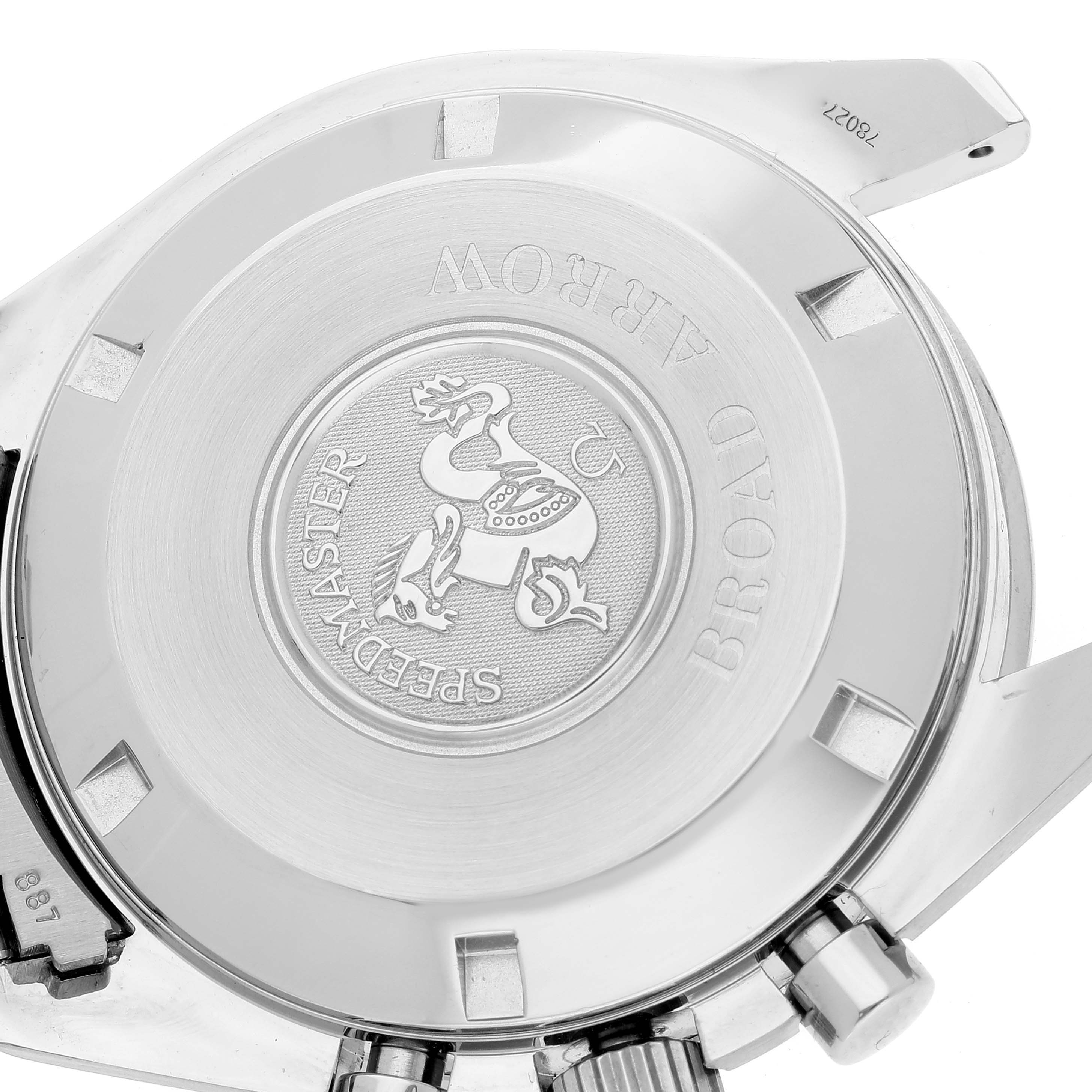 The image shows the back casing and side buttons of an Omega Speedmaster 3551.20.00 Men
s Stainless Steel White Dial 3551.20.00 Men
s Stainless Steel White Dial watch.