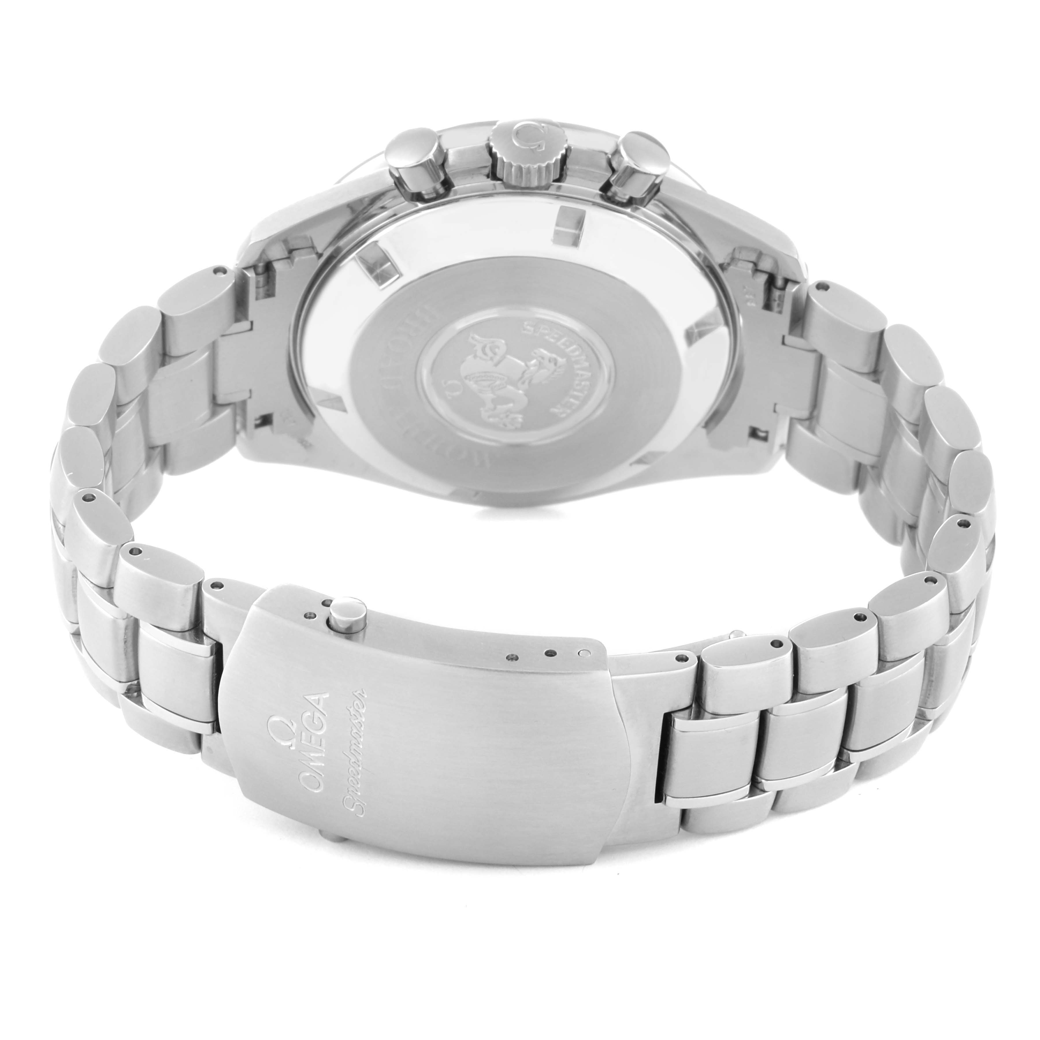The image shows the Omega Speedmaster 3551.20.00 Men
s Stainless Steel White Dial 3551.20.00 Men
s Stainless Steel White Dial watch from the rear, highlighting the case back, bracelet, and clasp.