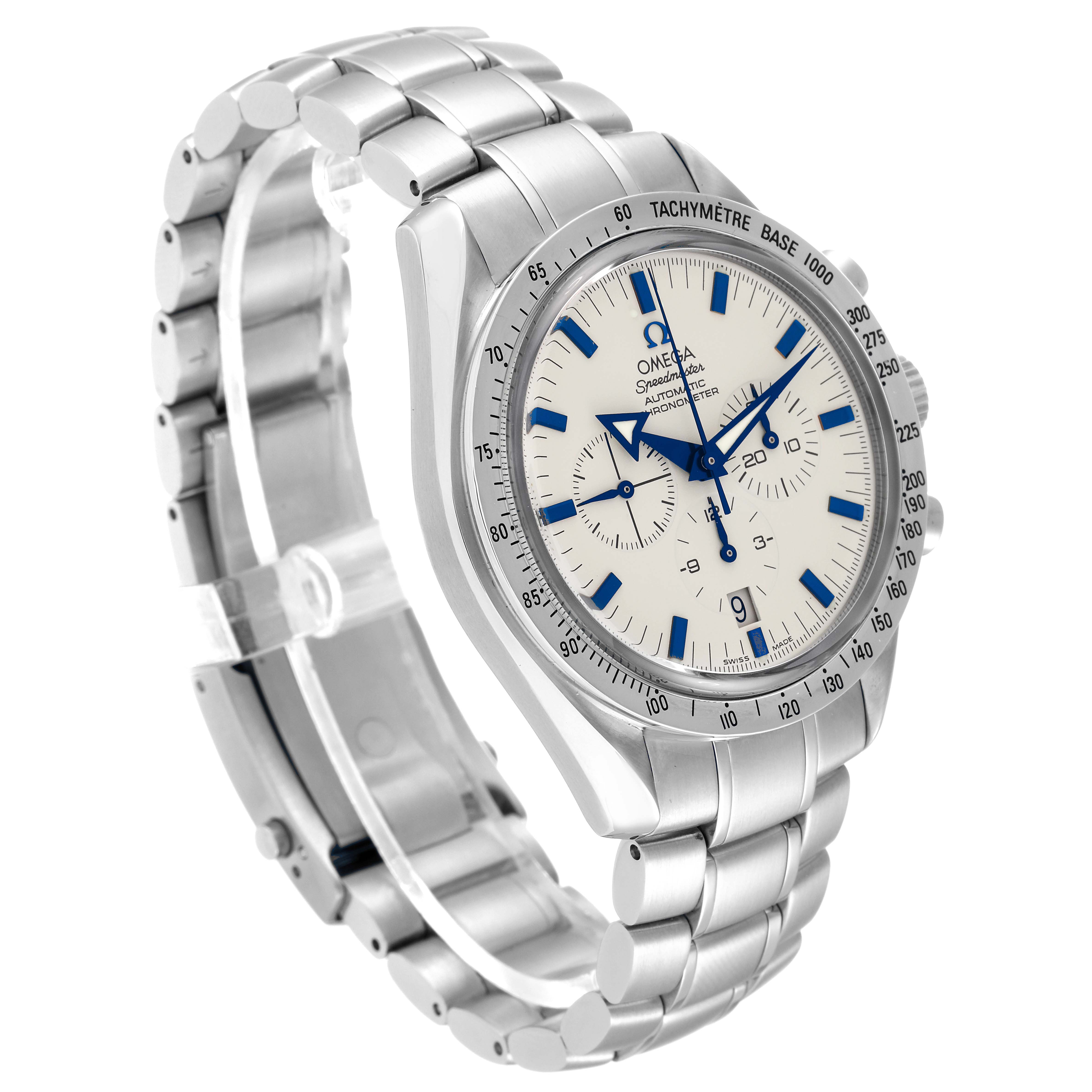 The Omega Speedmaster 3551.20.00 Men
s Stainless Steel White Dial 3551.20.00 Men
s Stainless Steel White Dial watch is shown from a three-quarter angle, highlighting the dial, bezel, and metal bracelet.