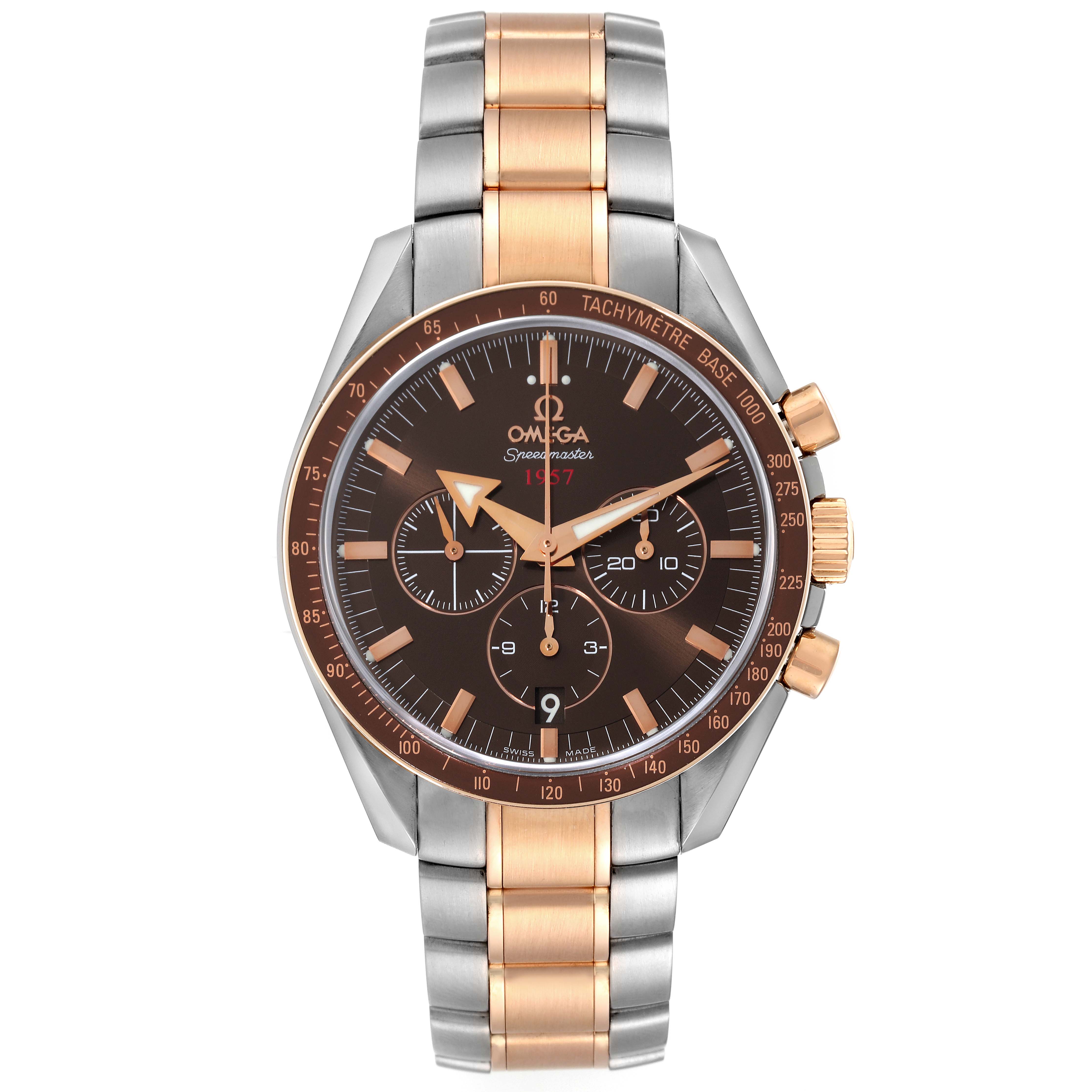 The image shows a front view of an Omega Speedmaster 321.90.42.50.13.001 Men's Steel and Gold (two tone) Brown Dial 321.90.42.50.13.001 Men's Steel and Gold (two tone) Brown Dial watch with a bi-color metal band and tachymeter bezel.