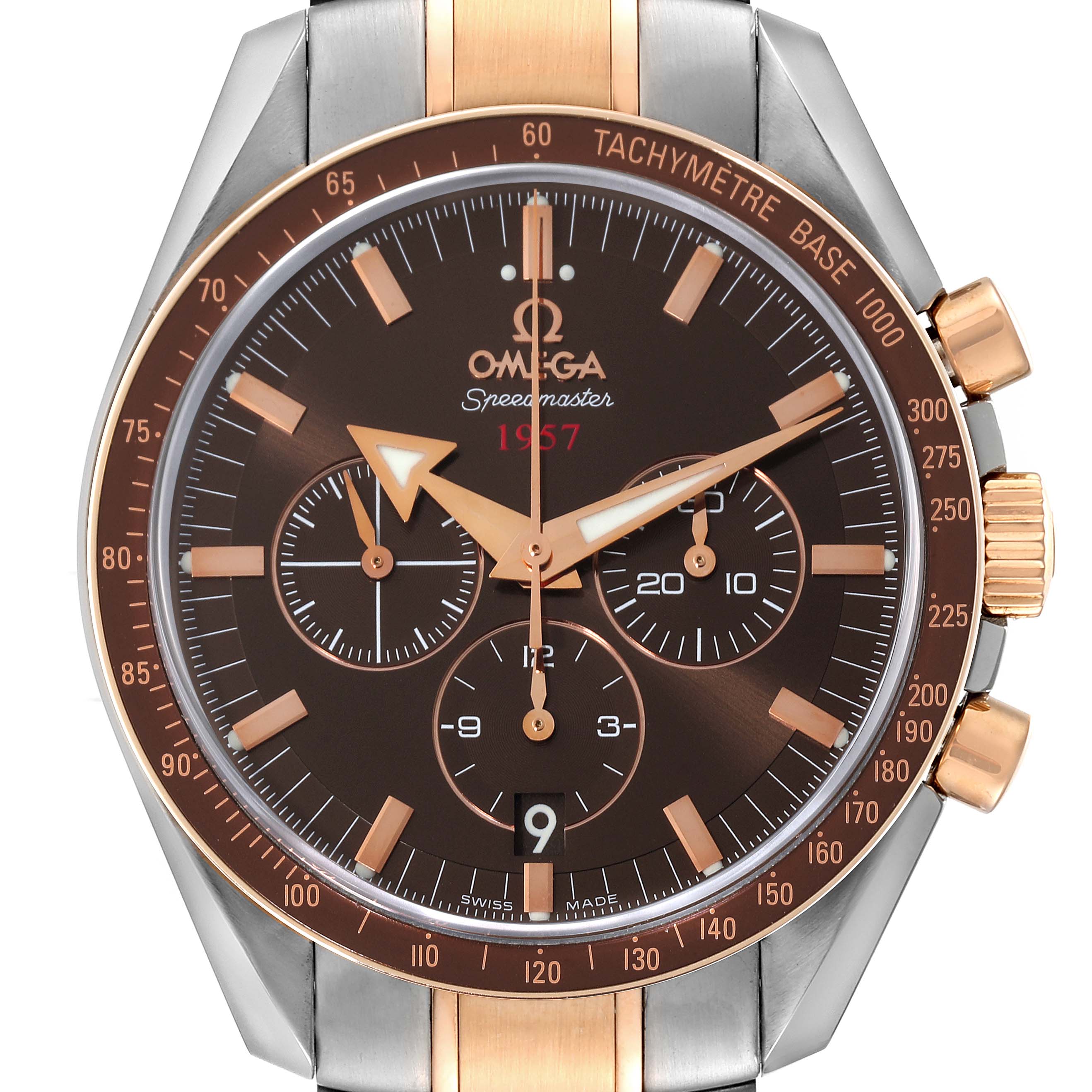The image shows a front view of an Omega Speedmaster 321.90.42.50.13.001 Men's Steel and Gold (two tone) Brown Dial 321.90.42.50.13.001 Men's Steel and Gold (two tone) Brown Dial watch, displaying its face, bezel, and chronograph subdials.