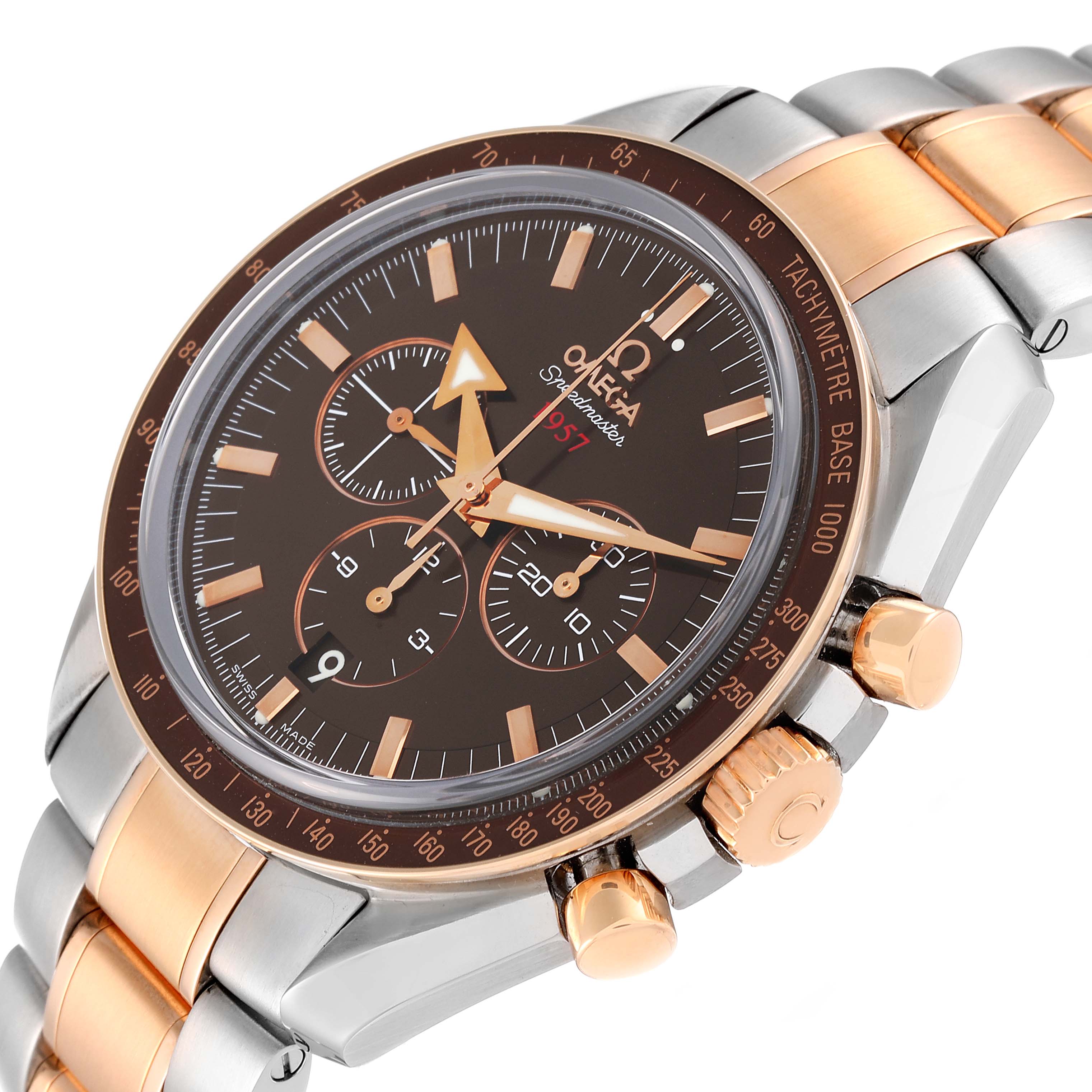 The image shows an angled view of an Omega Speedmaster 321.90.42.50.13.001 Men's Steel and Gold (two tone) Brown Dial 321.90.42.50.13.001 Men's Steel and Gold (two tone) Brown Dial watch, highlighting its dial, subdials, bezel, crown, and part of the bracelet.