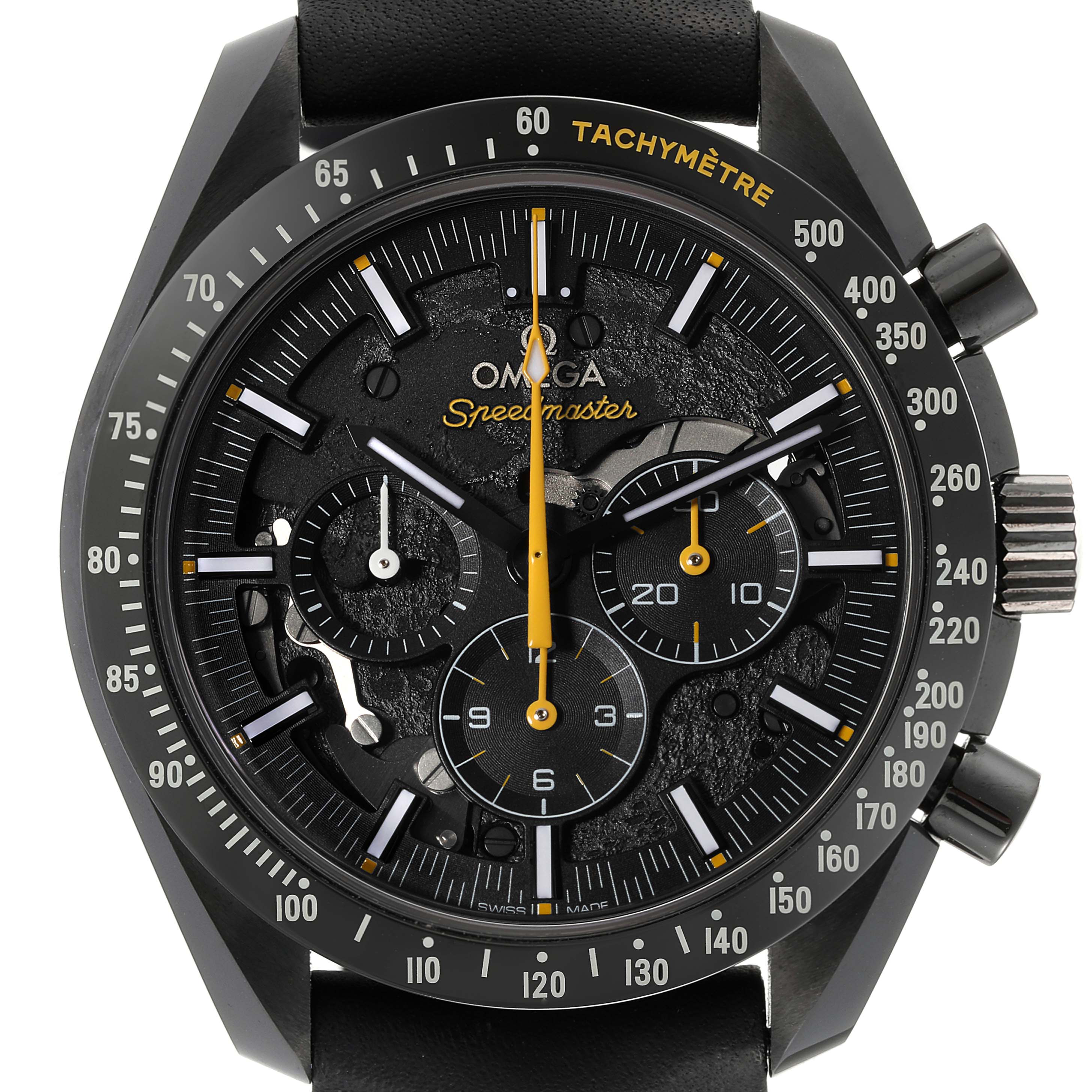 This image shows a front view of the Omega Speedmaster 311.92.44.30.01.001 Men
s Ceramic Black Dial 311.92.44.30.01.001 Men
s Ceramic Black Dial watch, highlighting its detailed dial, tachymeter scale, and subdials.