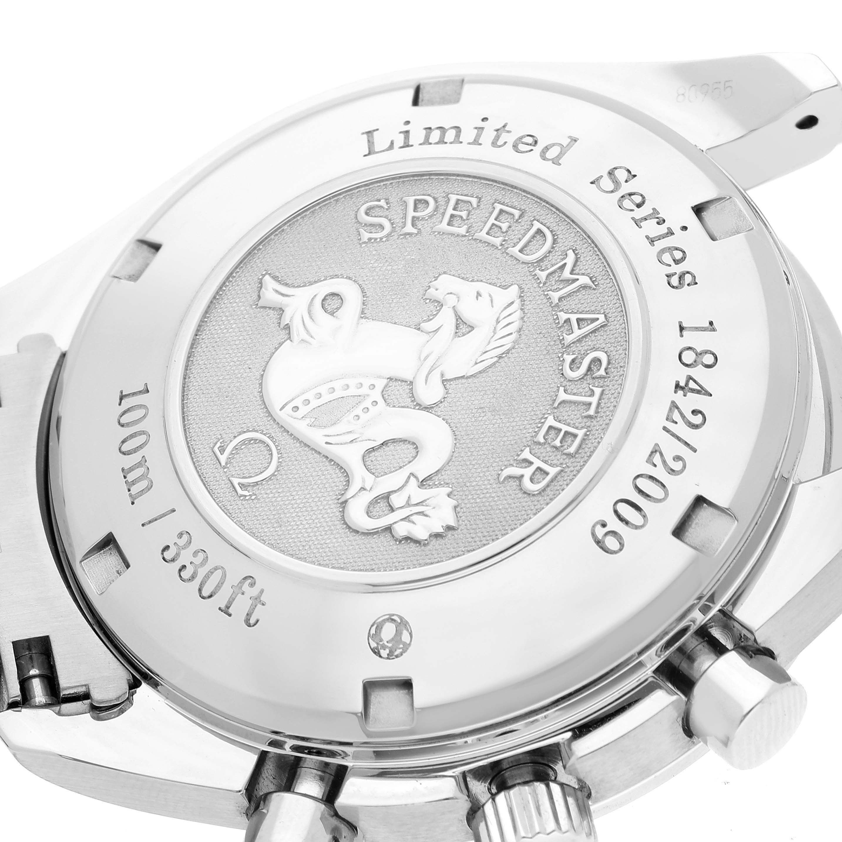 The image shows the case back of an Omega Speedmaster 323.30.40.40.02.001 Men's Stainless Steel White Dial 323.30.40.40.02.001 Men's Stainless Steel White Dial watch, displaying the "Limited Series" inscription and water resistance.