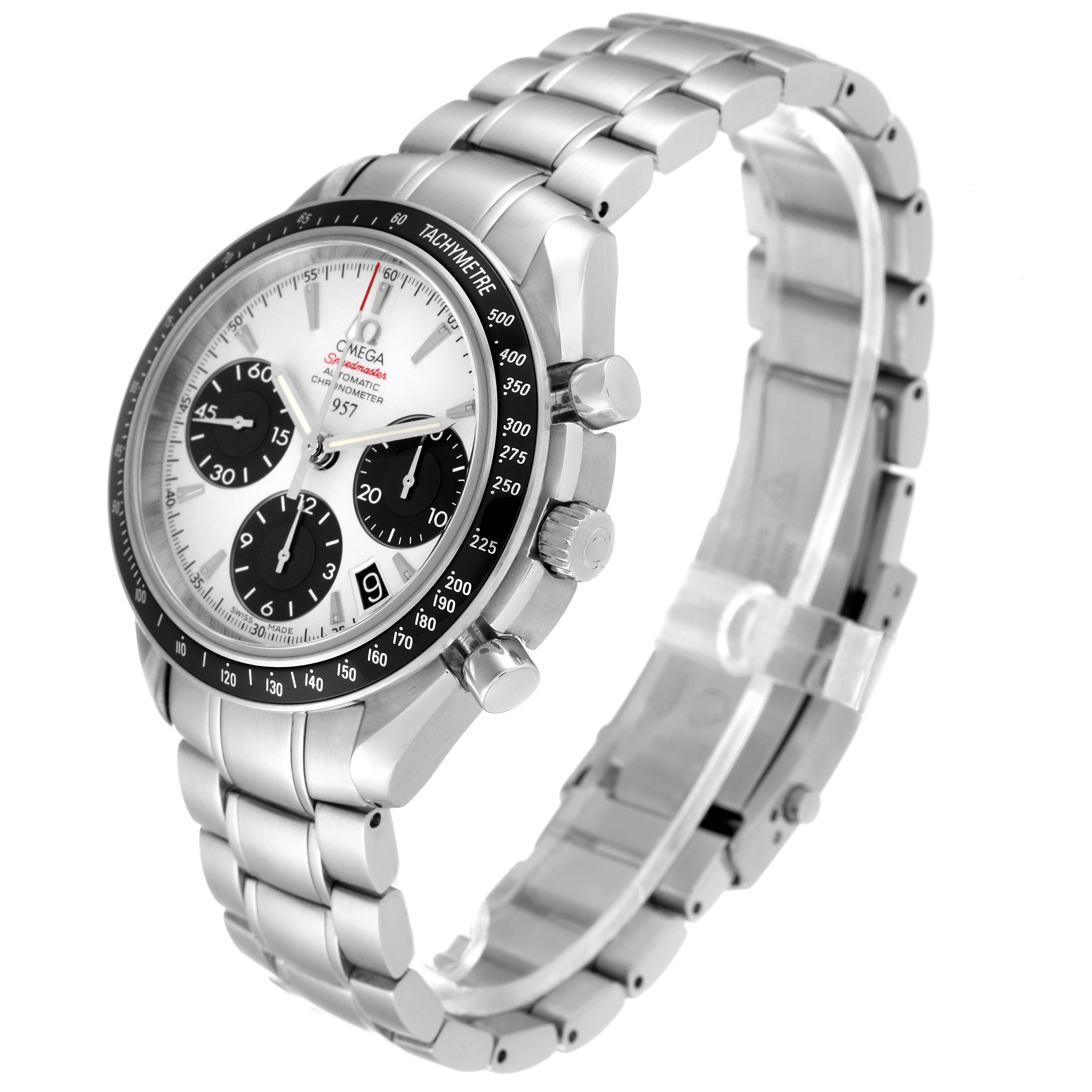 The image shows an Omega Speedmaster 323.30.40.40.02.001 Men's Stainless Steel White Dial 323.30.40.40.02.001 Men's Stainless Steel White Dial watch at an oblique angle, highlighting its face, chronograph sub-dials, bezel, and metallic bracelet.