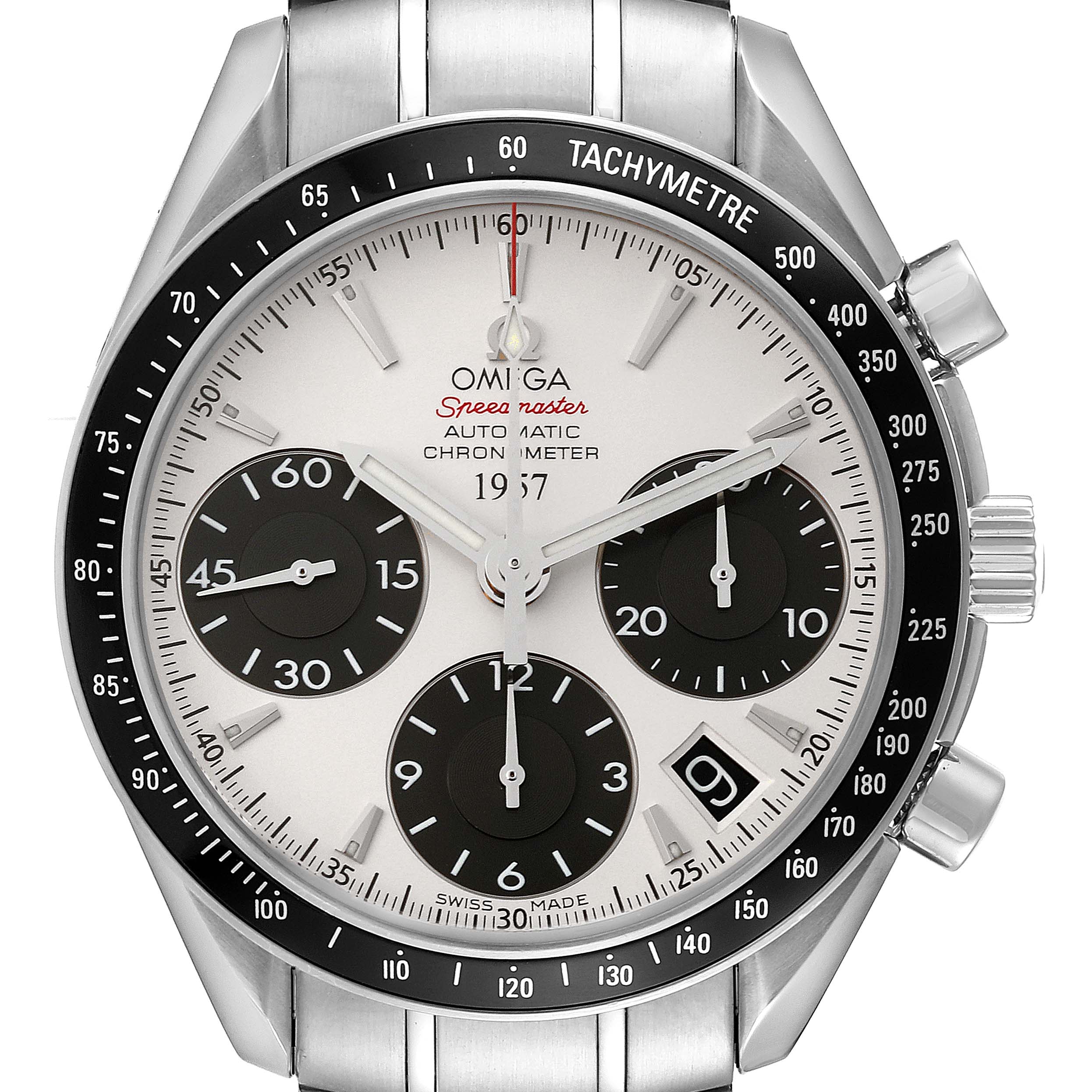 This image shows a frontal view of the Omega Speedmaster 323.30.40.40.02.001 Men's Stainless Steel White Dial 323.30.40.40.02.001 Men's Stainless Steel White Dial watch, displaying its dial, subdials, tachymeter bezel, and crown.