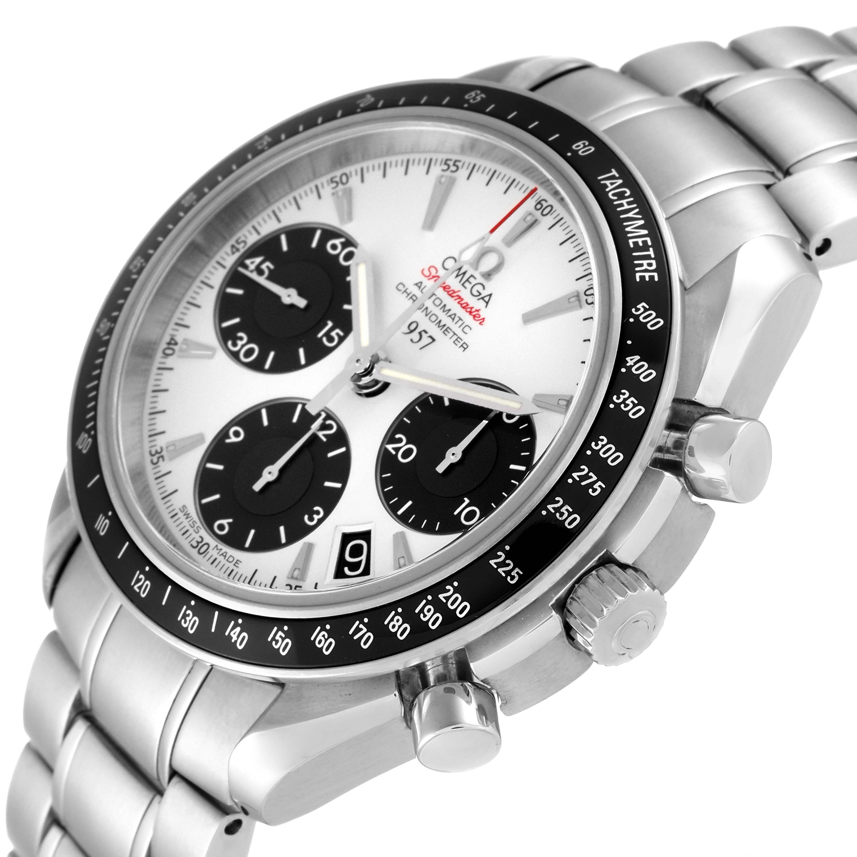 The Omega Speedmaster 323.30.40.40.02.001 Men's Stainless Steel White Dial 323.30.40.40.02.001 Men's Stainless Steel White Dial watch is shown at an oblique angle, highlighting the dial, tachymeter, pushers, and stainless steel bracelet.