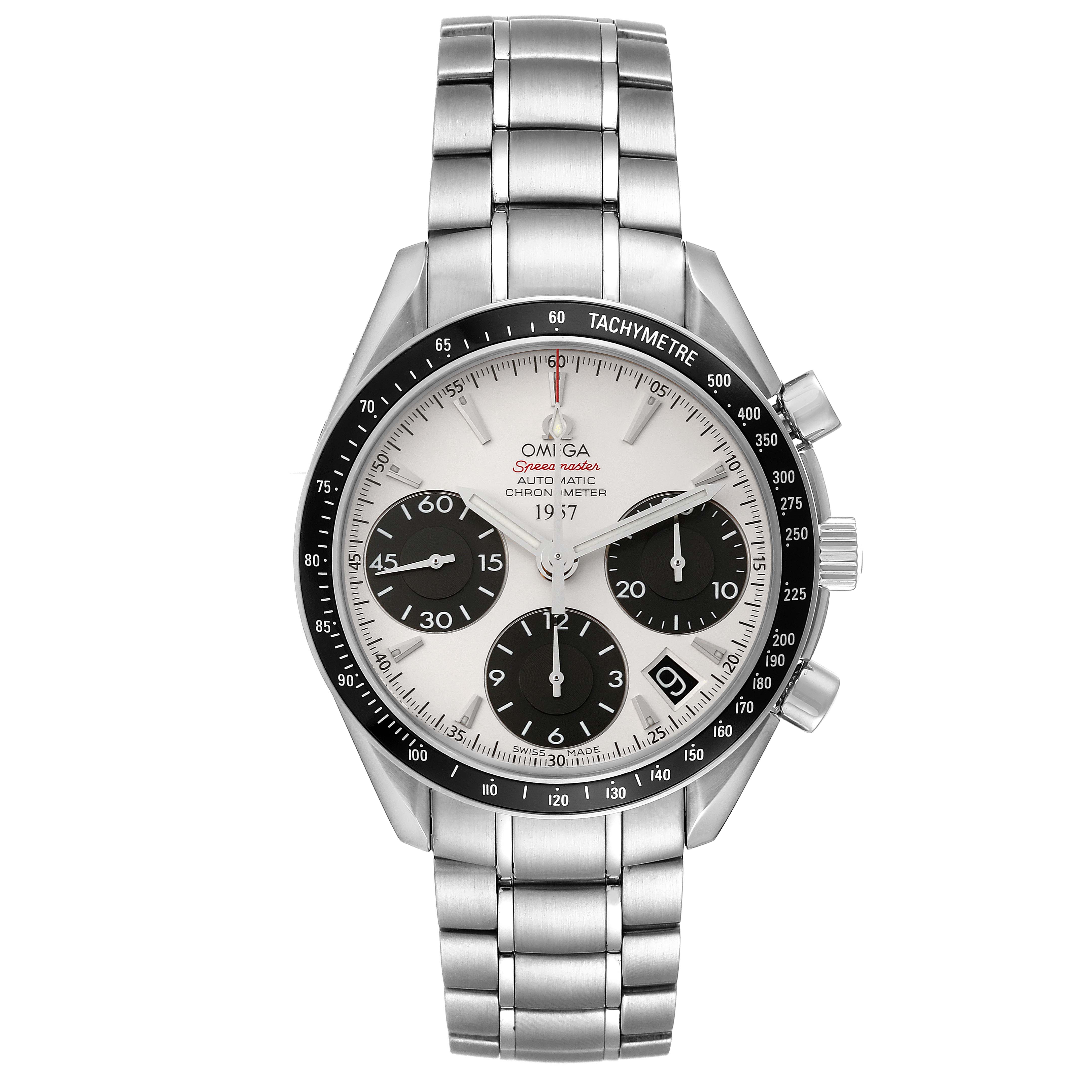 The image shows a front view of an Omega Speedmaster 323.30.40.40.02.001 Men's Stainless Steel White Dial 323.30.40.40.02.001 Men's Stainless Steel White Dial, highlighting its dial, subdials, bezel, and metal bracelet.