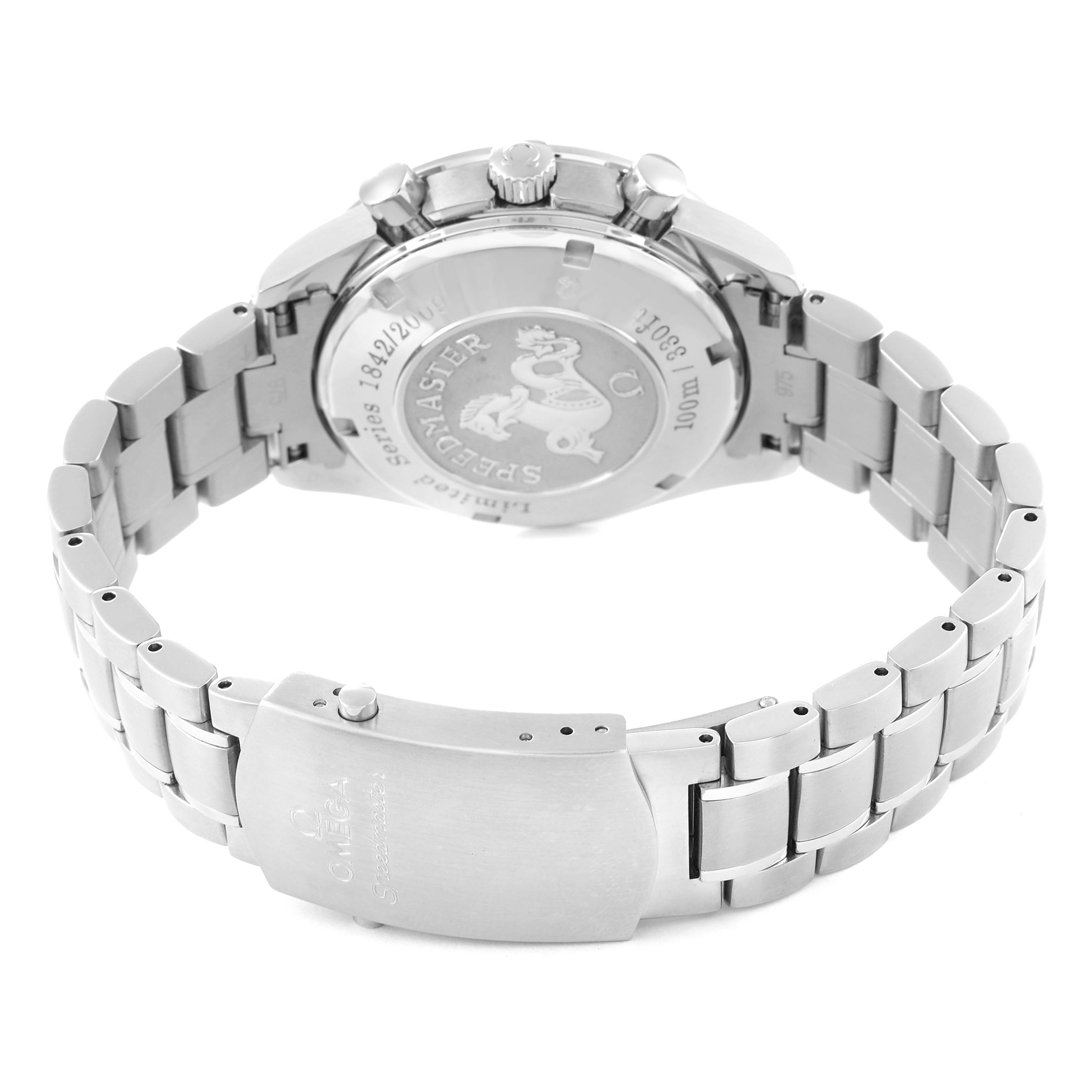 The image shows the back case, crown, and bracelet of the Omega Speedmaster 323.30.40.40.02.001 Men's Stainless Steel White Dial 323.30.40.40.02.001 Men's Stainless Steel White Dial watch.