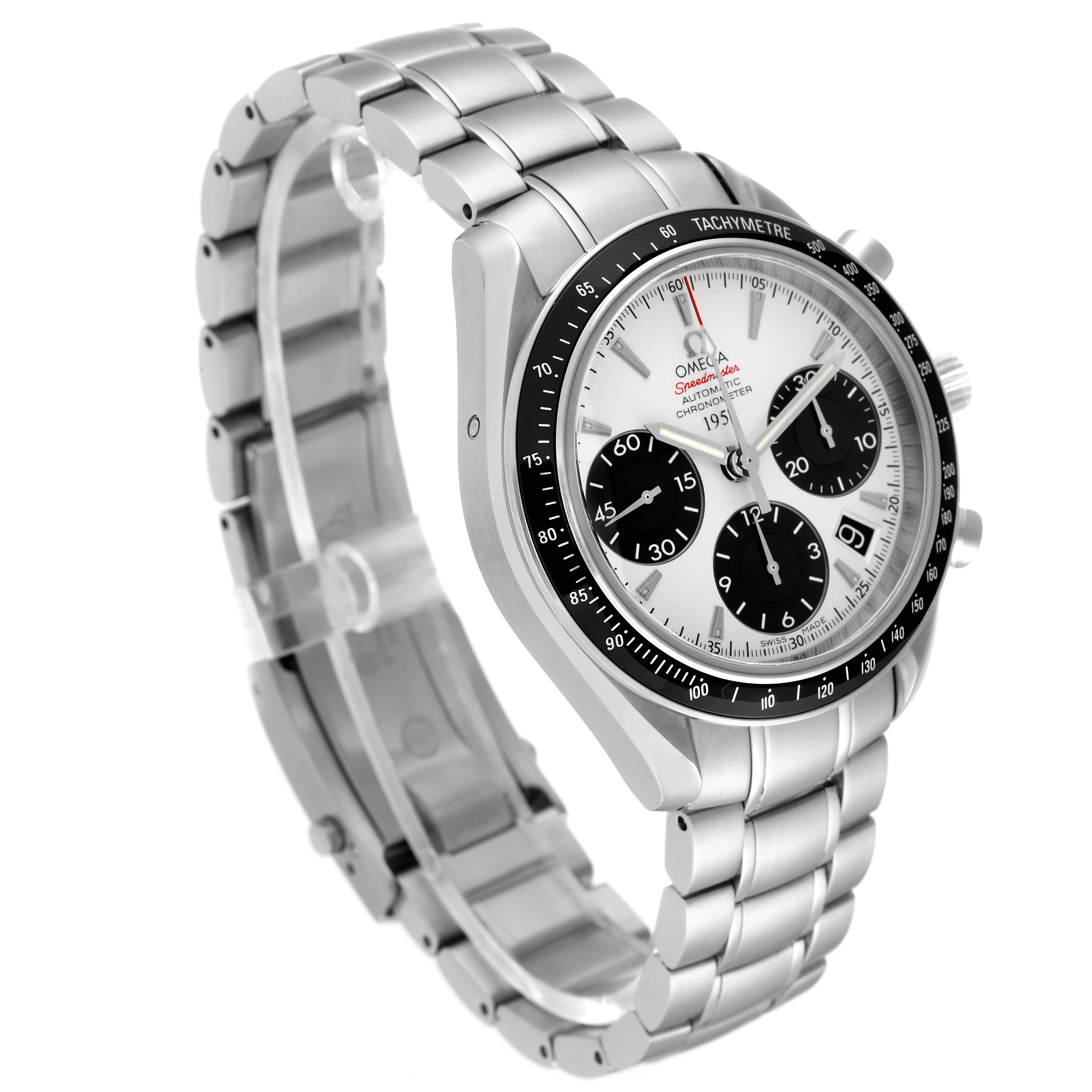 The image shows a side view of an Omega Speedmaster 323.30.40.40.02.001 Men's Stainless Steel White Dial 323.30.40.40.02.001 Men's Stainless Steel White Dial watch highlighting its face, bezel, pushers, and bracelet.
