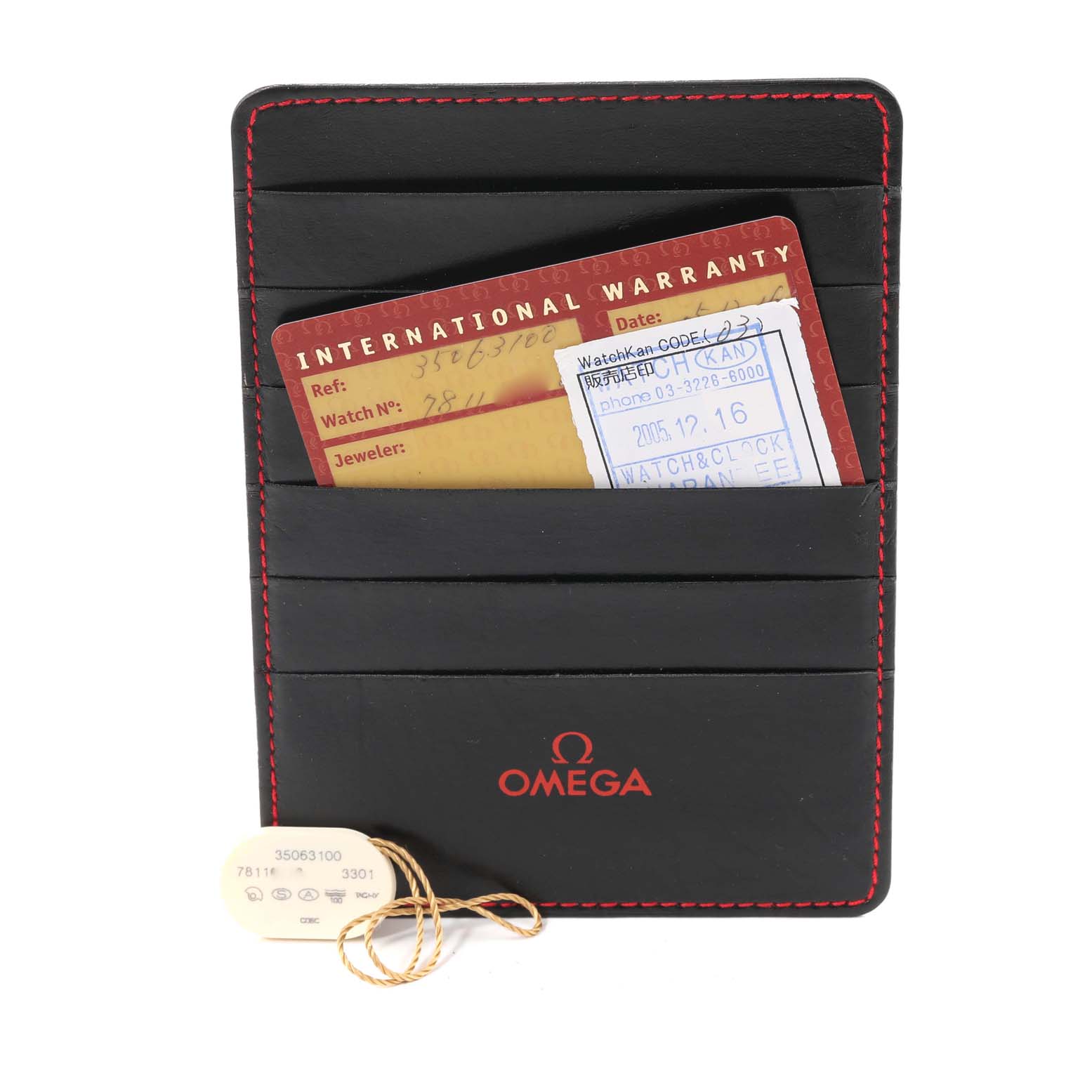 The image shows an Omega Speedmaster 3506.31.00 Men's Stainless Steel Silver Dial 3506.31.00 Men's Stainless Steel Silver Dial warranty card and holder, viewed from the front.