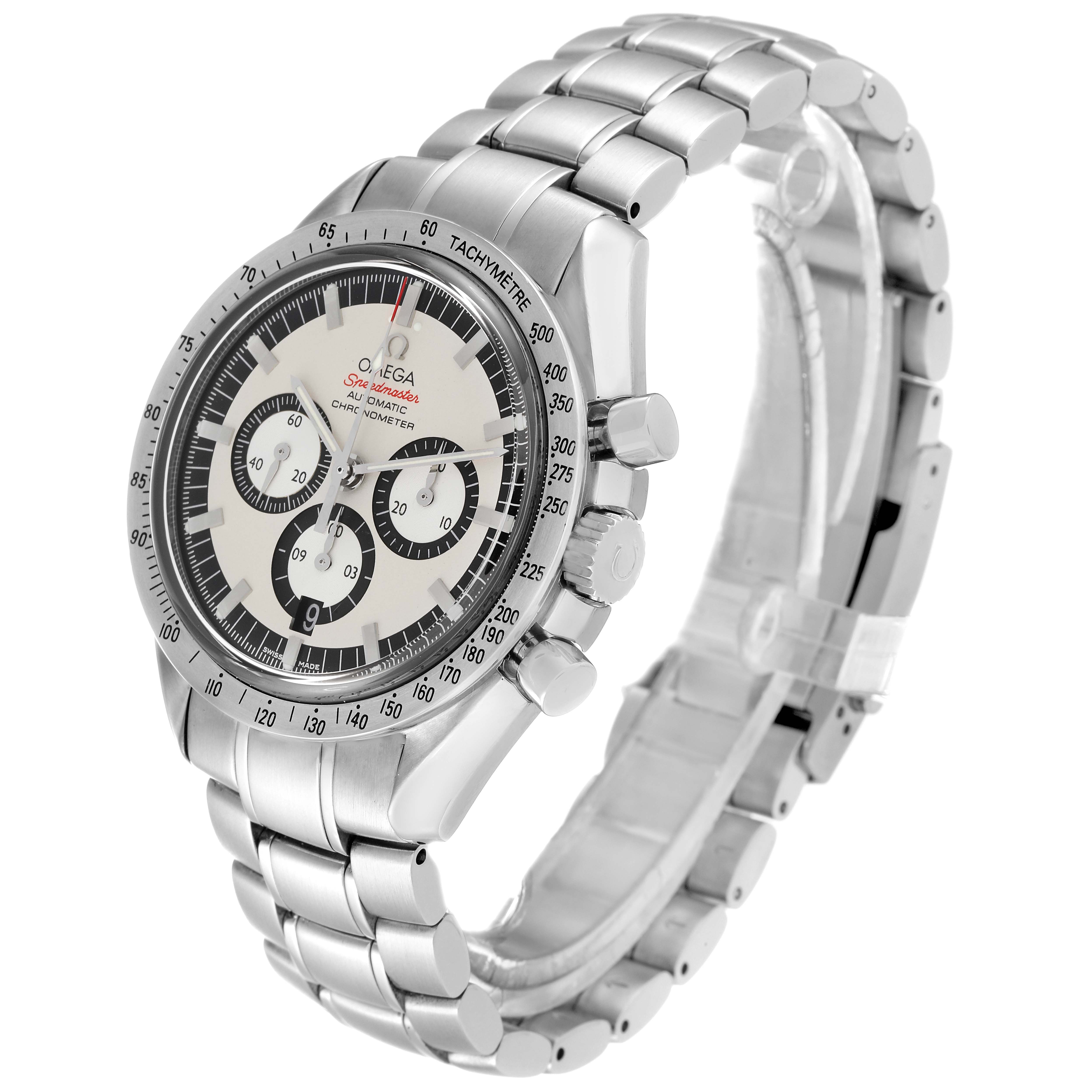 The image shows an Omega Speedmaster 3506.31.00 Men's Stainless Steel Silver Dial 3506.31.00 Men's Stainless Steel Silver Dial watch angled slightly from the front, highlighting its dial, bezel, and metal bracelet.