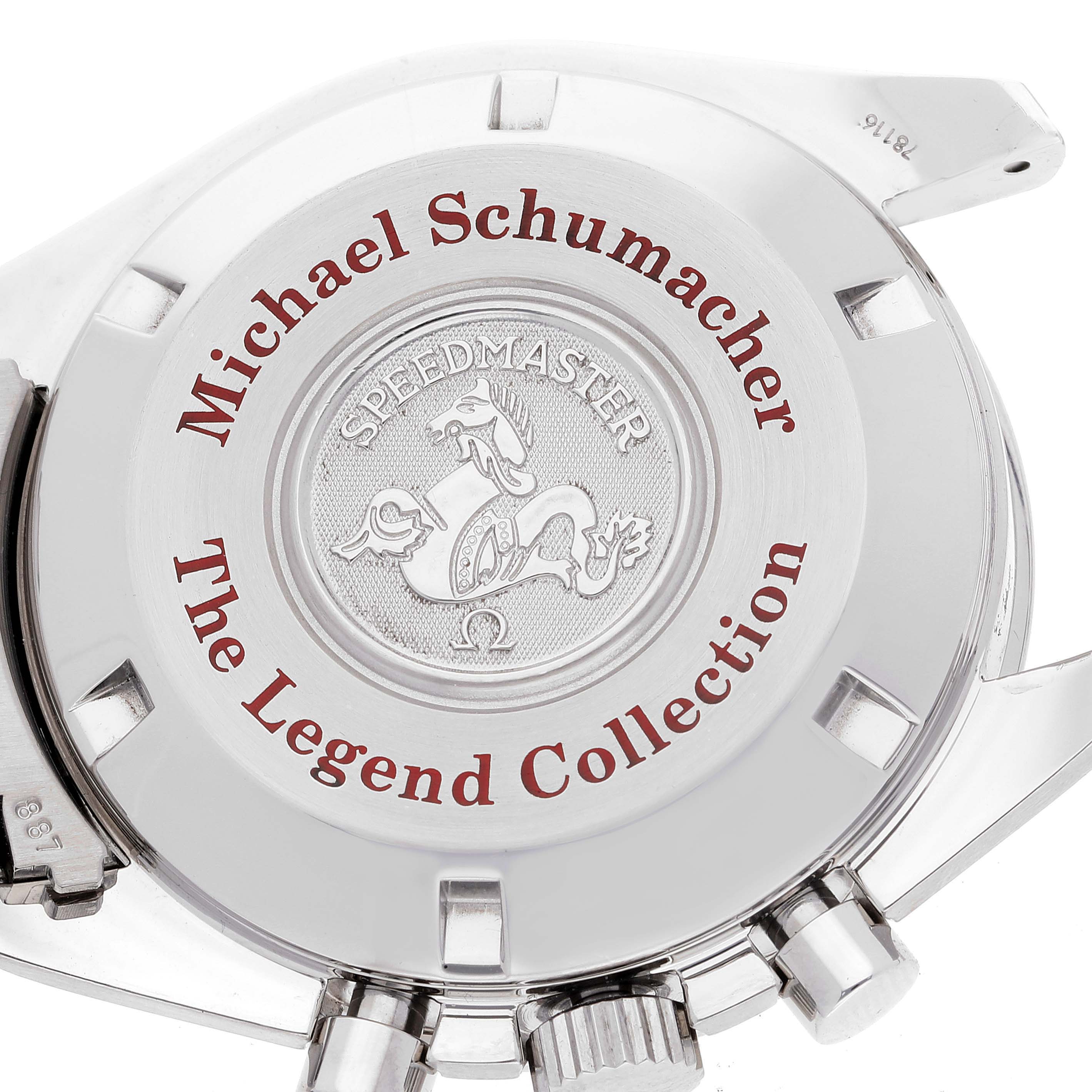 This image shows the back case of an Omega Speedmaster 3506.31.00 Men's Stainless Steel Silver Dial 3506.31.00 Men's Stainless Steel Silver Dial "Michael Schumacher The Legend Collection" watch.