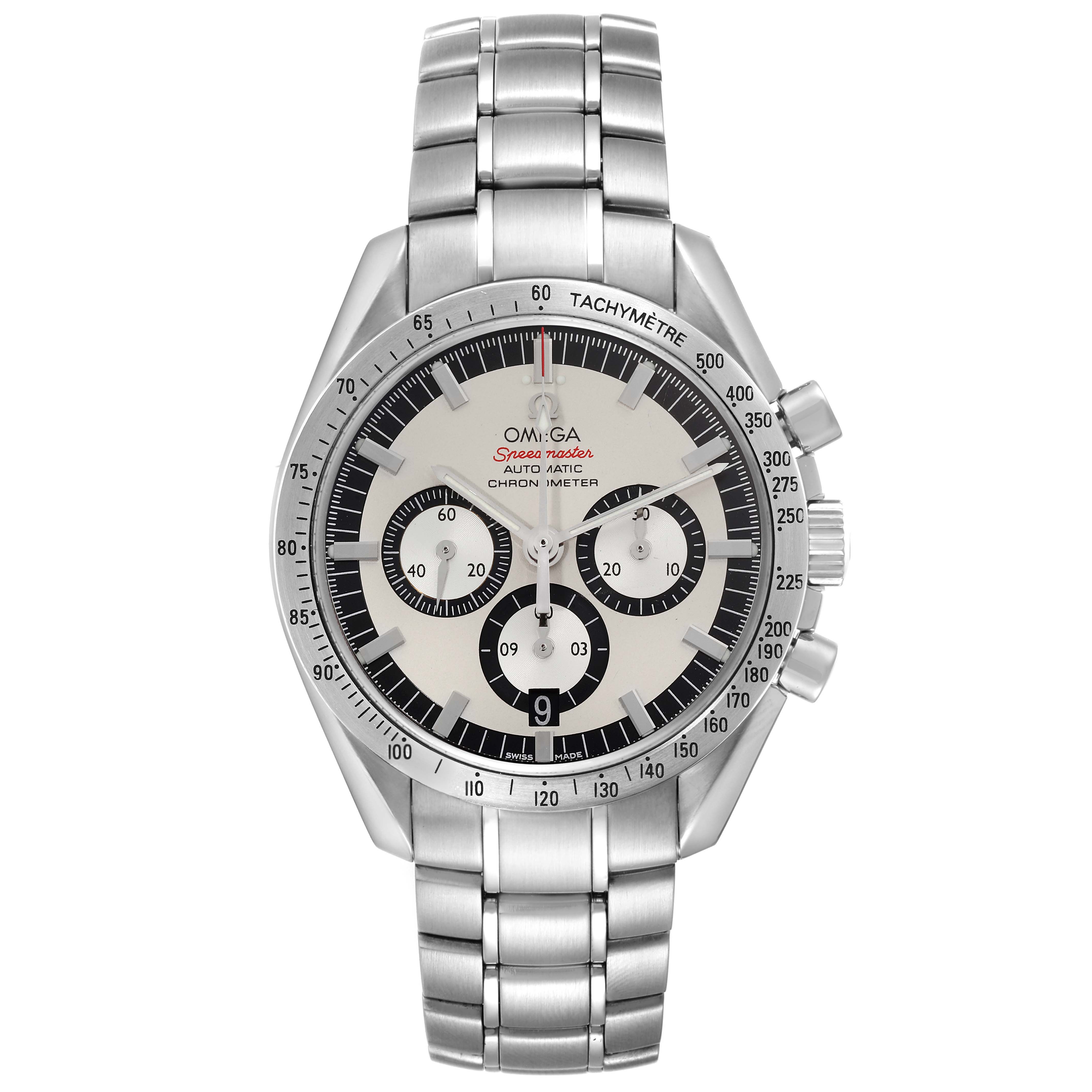 The image shows a front view of an Omega Speedmaster 3506.31.00 Men's Stainless Steel Silver Dial 3506.31.00 Men's Stainless Steel Silver Dial watch with its face, bezel, and stainless steel bracelet visible.