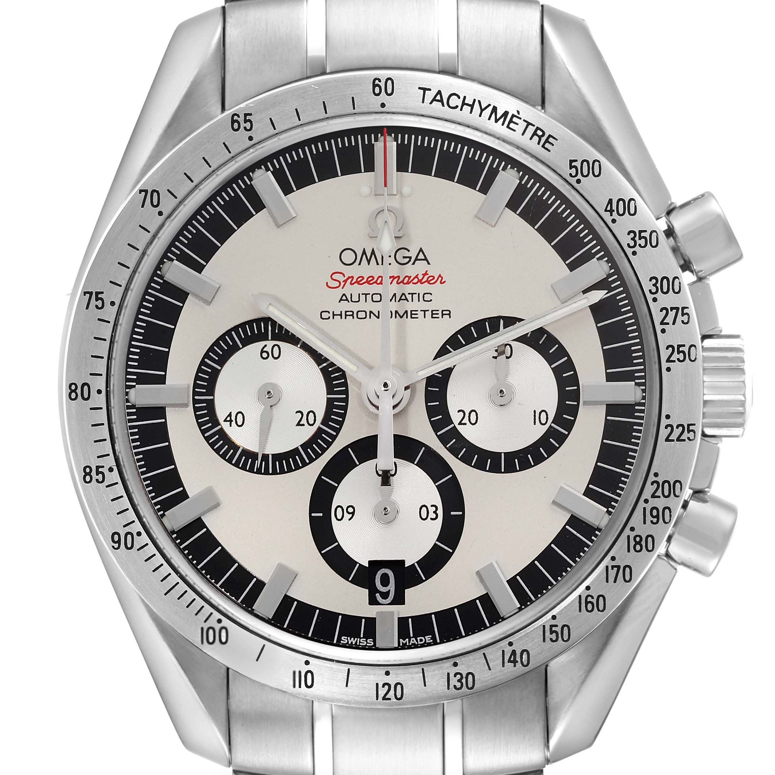 The image shows a front view of the Omega Speedmaster 3506.31.00 Men's Stainless Steel Silver Dial 3506.31.00 Men's Stainless Steel Silver Dial watch, highlighting the dial, subdials, tachymeter scale, and crown.