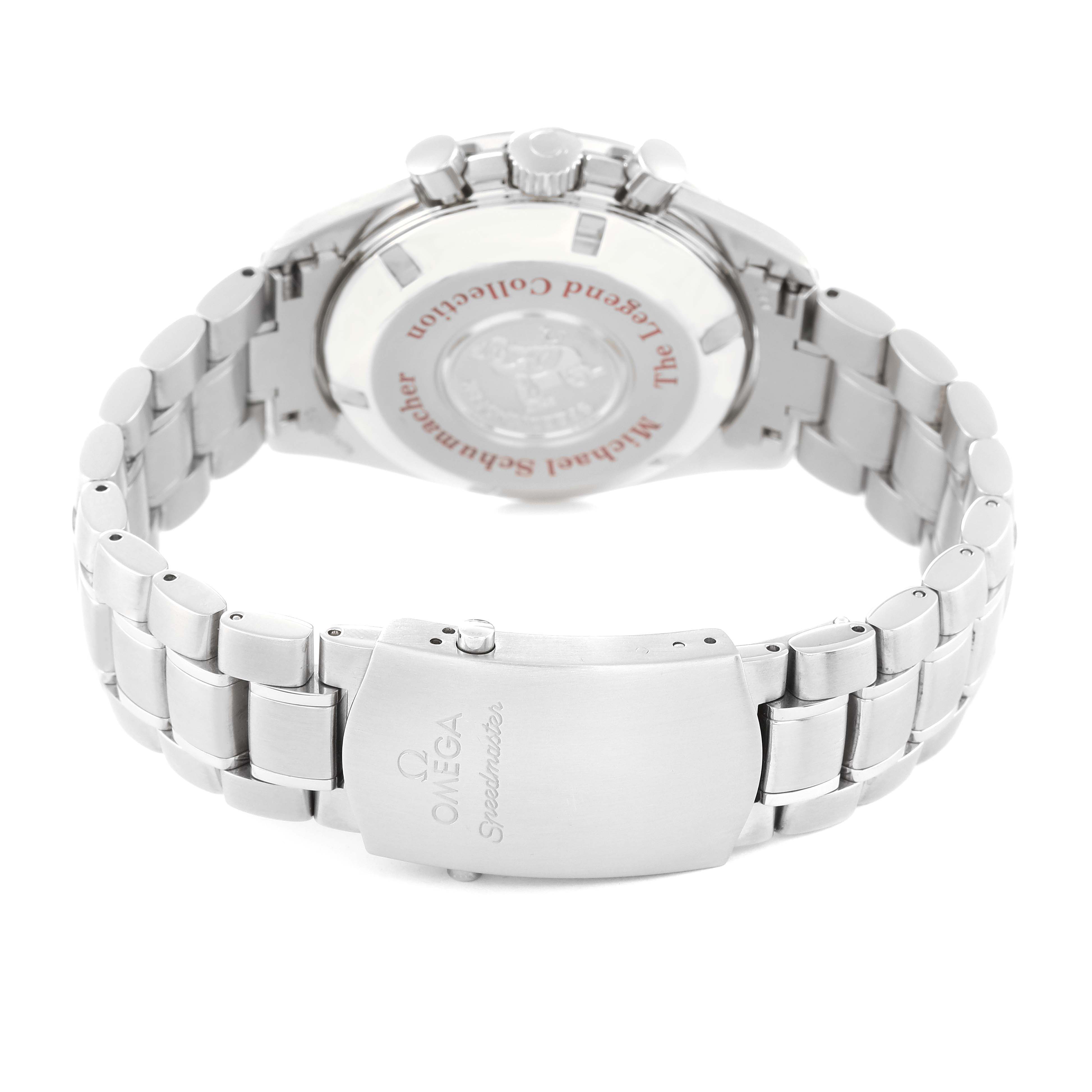 The image shows the Omega Speedmaster 3506.31.00 Men's Stainless Steel Silver Dial 3506.31.00 Men's Stainless Steel Silver Dial watch from the back, highlighting the clasp, bracelet, and case back.