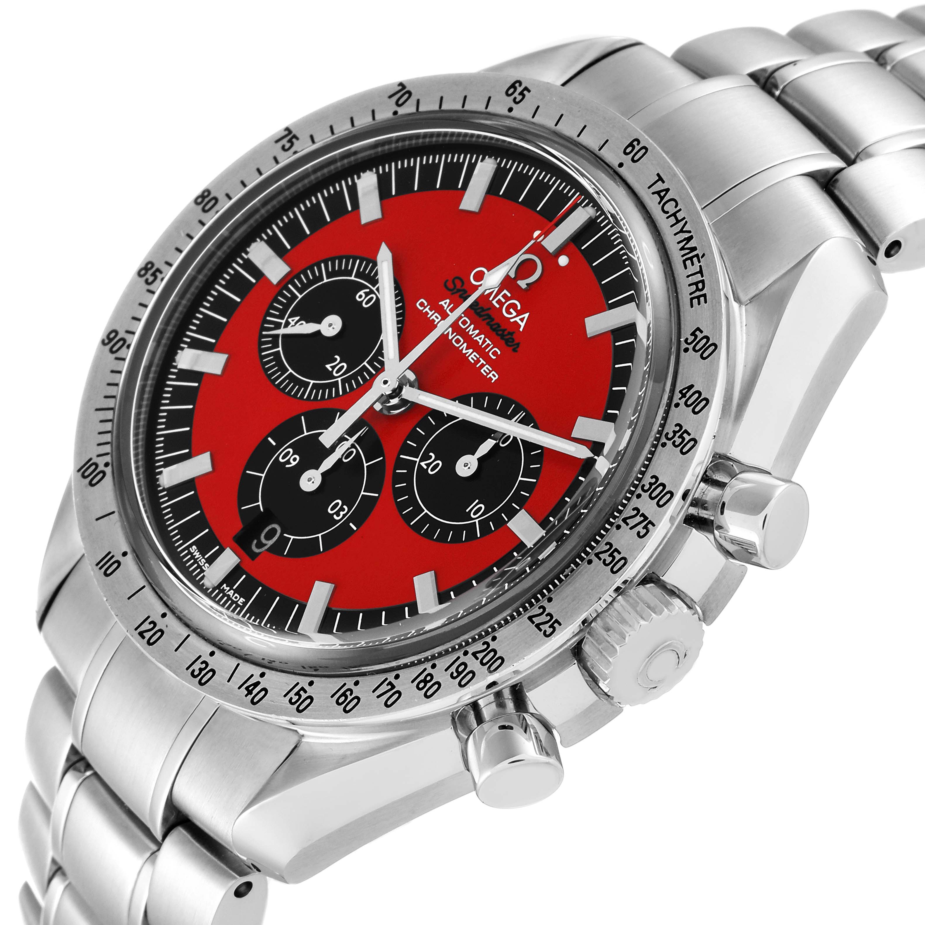 The image shows an angled view of an Omega Speedmaster 3506.61.00 Men
s Stainless Steel Red Dial 3506.61.00 Men
s Stainless Steel Red Dial watch, highlighting its red dial, tachymeter bezel, and metal bracelet.