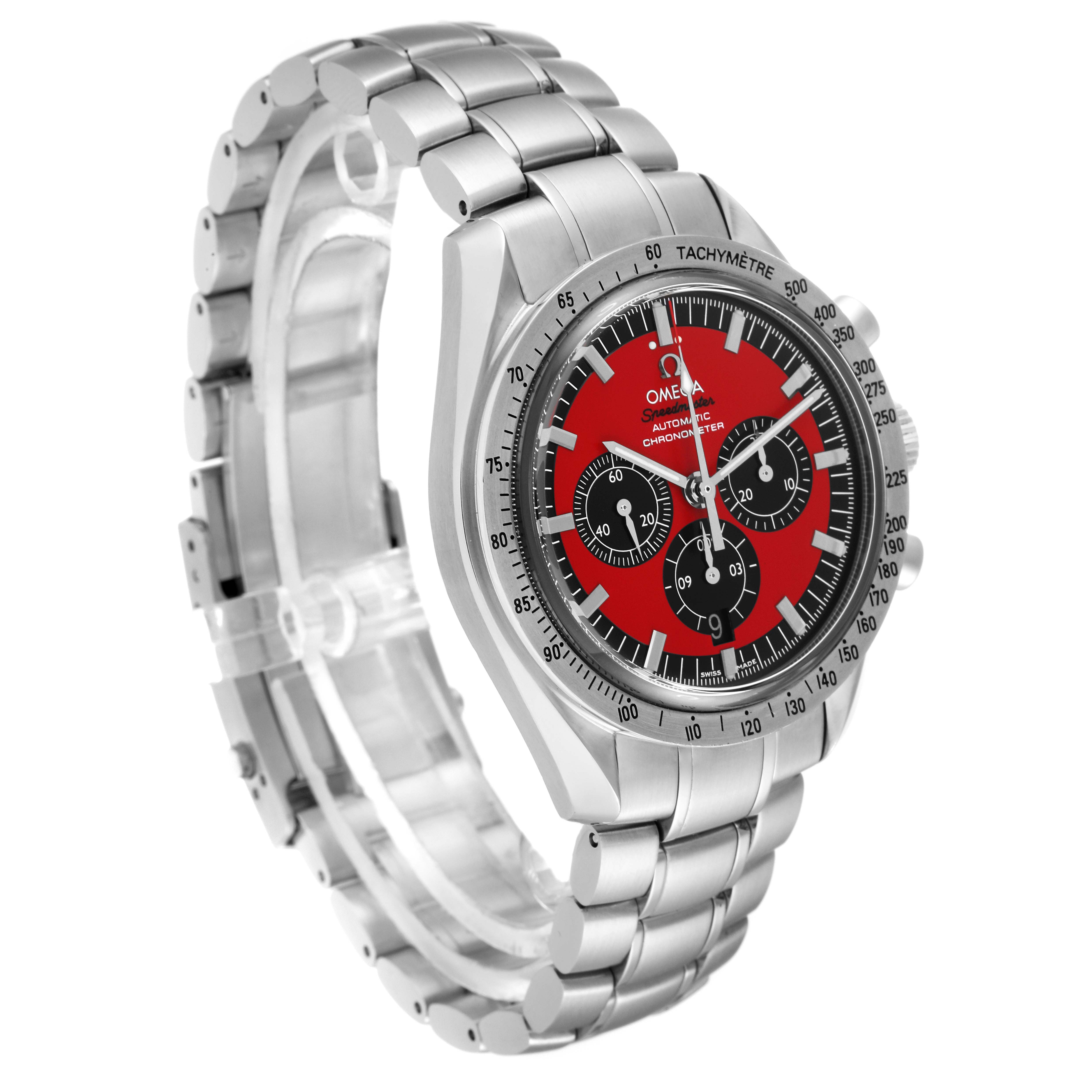 The Omega Speedmaster 3506.61.00 Men
s Stainless Steel Red Dial 3506.61.00 Men
s Stainless Steel Red Dial watch is shown at a three-quarter angle, displaying its red and black dial, chronograph functions, and metal bracelet.