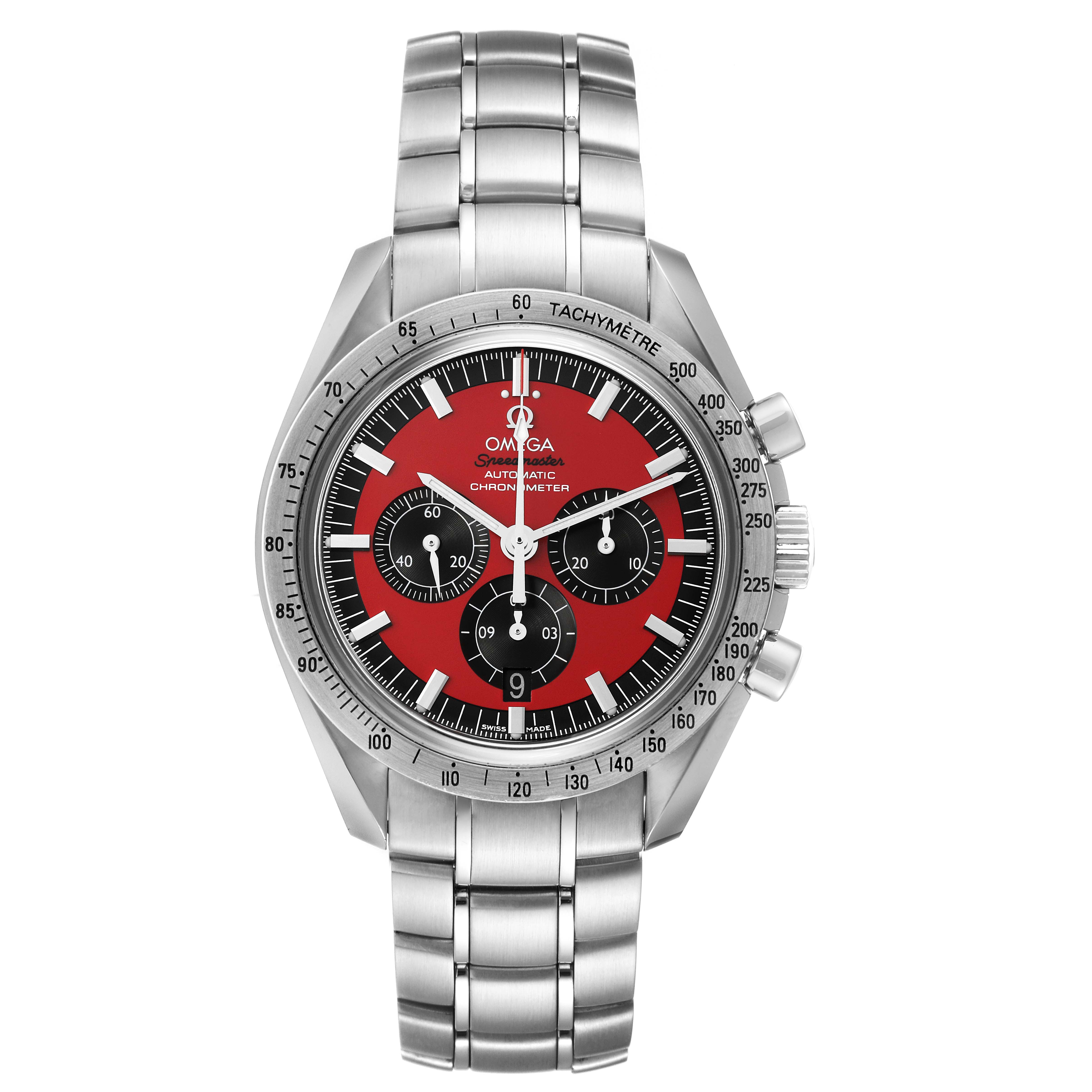 The image shows a front view of the Omega Speedmaster 3506.61.00 Men
s Stainless Steel Red Dial 3506.61.00 Men
s Stainless Steel Red Dial watch, highlighting its dial, bezel, subdials, and bracelet.