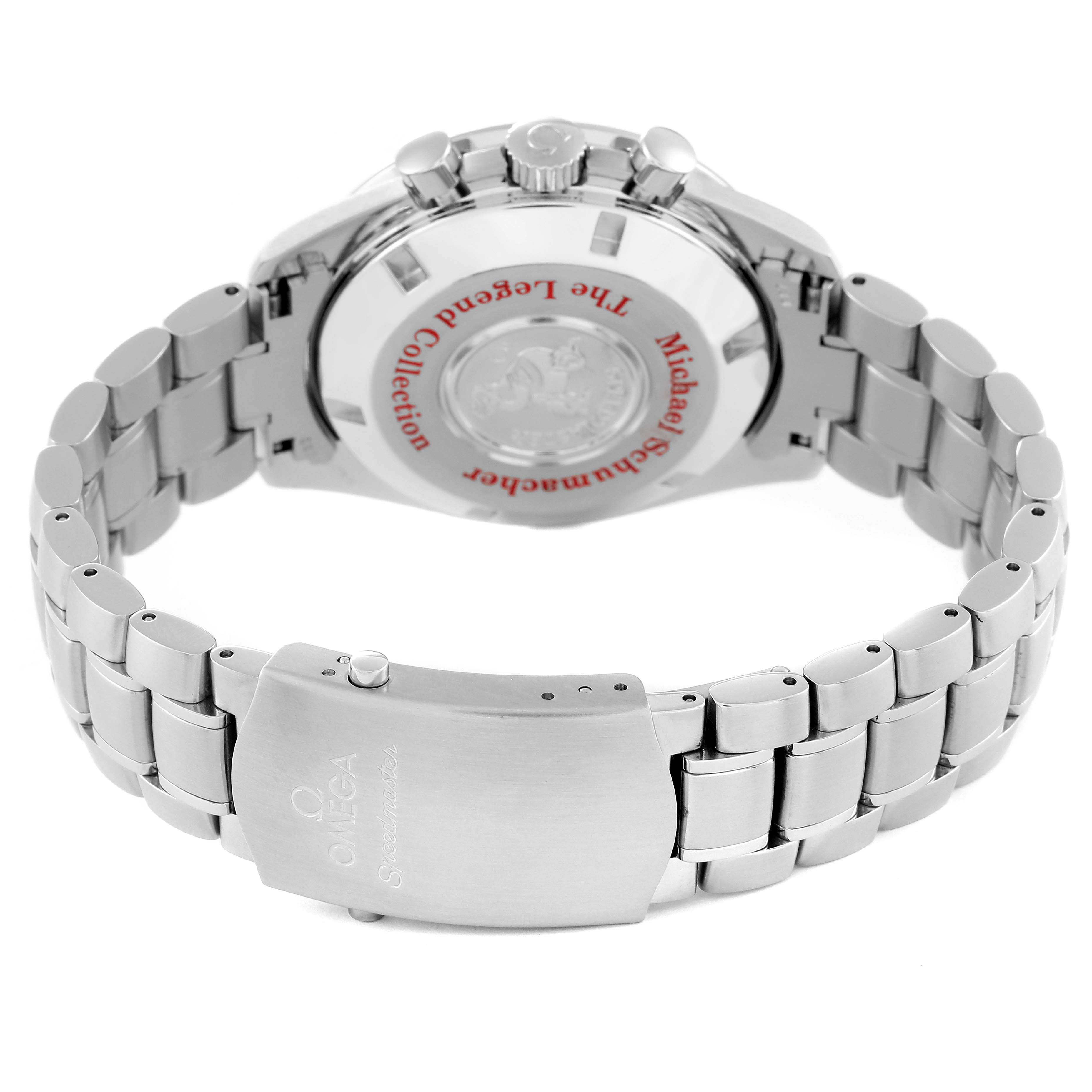 The image shows the back view and bracelet clasp of an Omega Speedmaster 3506.61.00 Men
s Stainless Steel Red Dial 3506.61.00 Men
s Stainless Steel Red Dial watch.