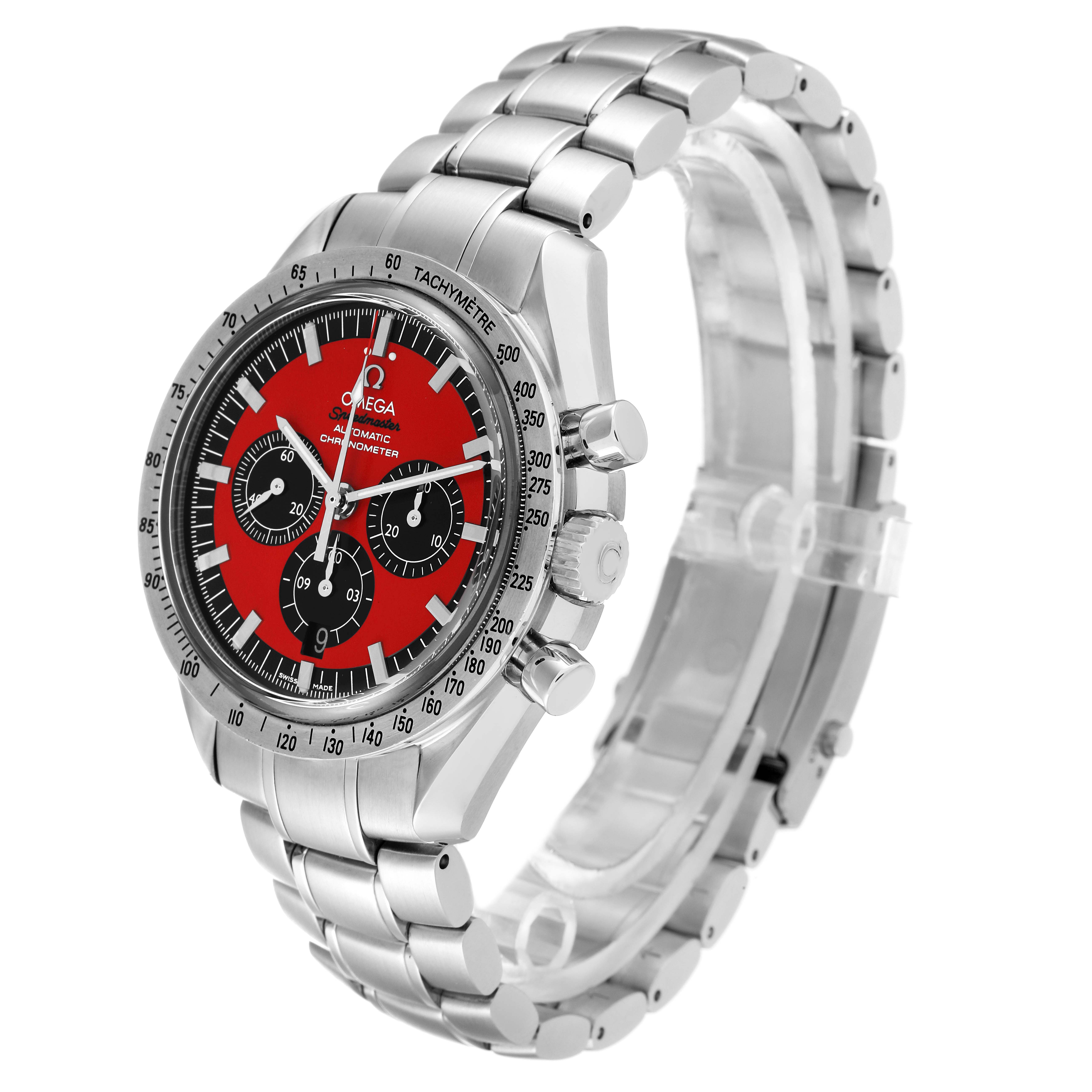 The Omega Speedmaster 3506.61.00 Men
s Stainless Steel Red Dial 3506.61.00 Men
s Stainless Steel Red Dial watch is shown from a side angle displaying its stainless steel strap, case, and red dial.