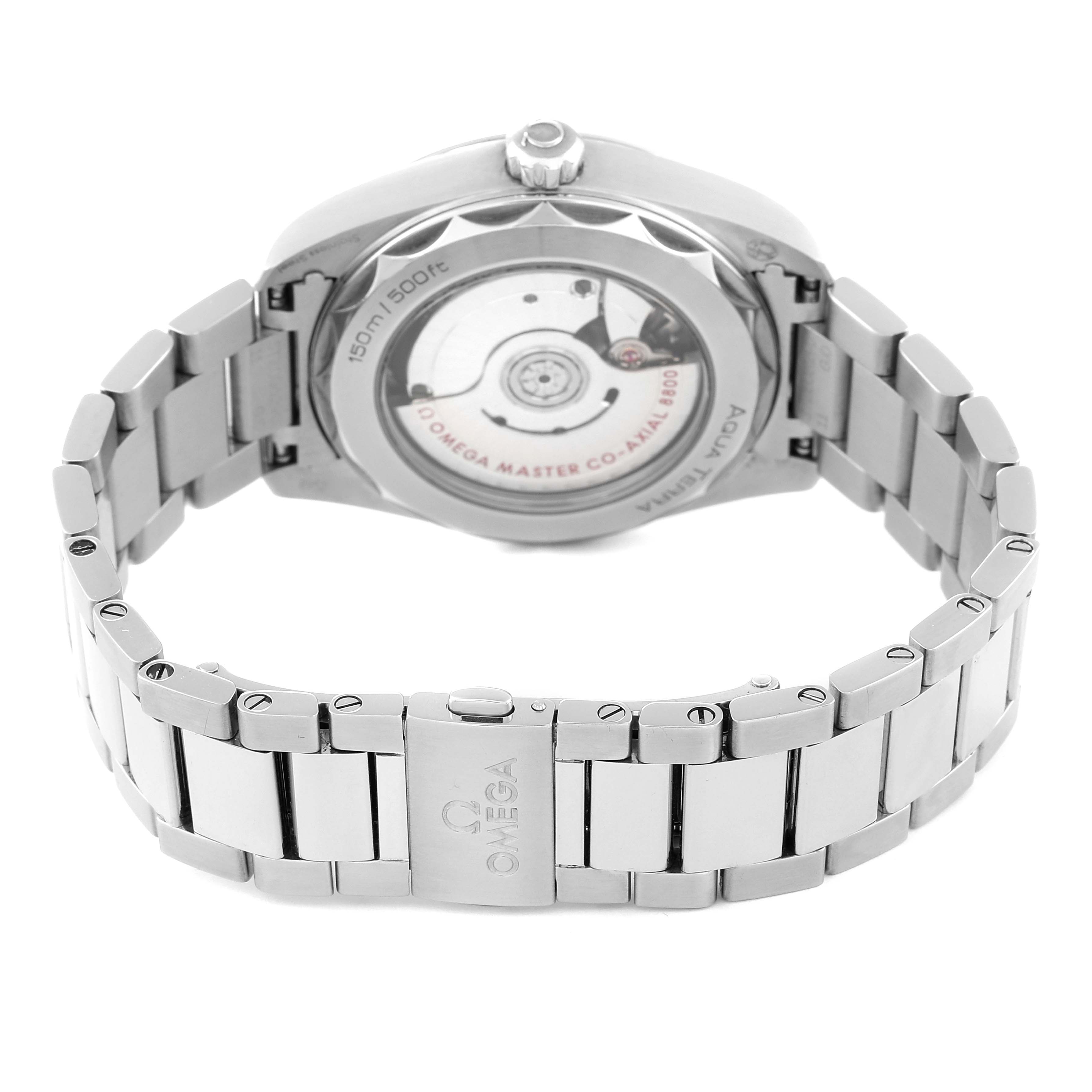 The image shows the back of an Omega Aqua Terra 220.10.38.20.03.001 Men's Stainless Steel Blue Dial 220.10.38.20.03.001 Men's Stainless Steel Blue Dial watch, highlighting its movement and stainless steel bracelet.