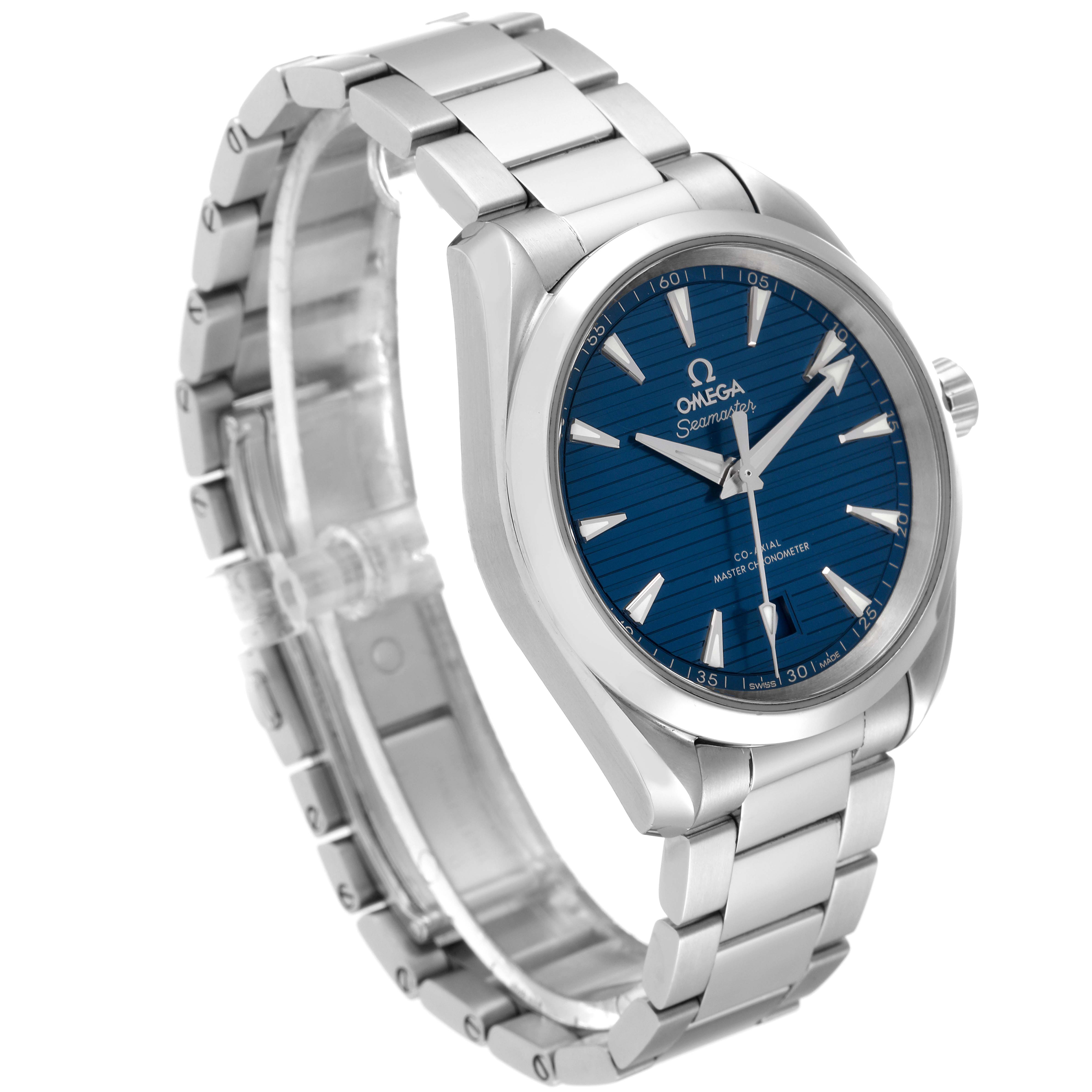 This image shows a side and front angle of the Omega Aqua Terra 220.10.38.20.03.001 Men's Stainless Steel Blue Dial 220.10.38.20.03.001 Men's Stainless Steel Blue Dial watch, featuring its blue dial and stainless steel bracelet.