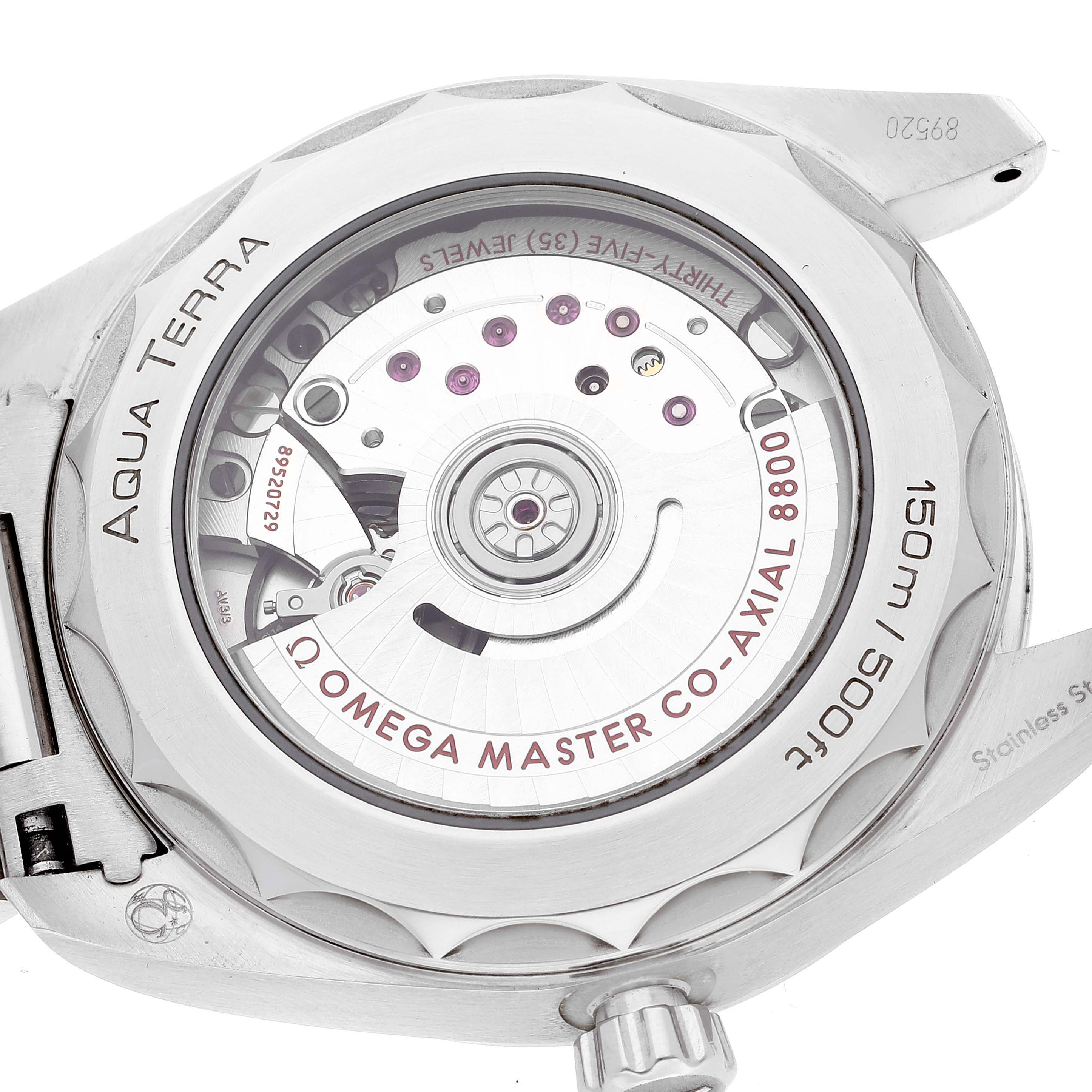 The image shows the back of the Omega Aqua Terra 220.10.38.20.03.001 Men's Stainless Steel Blue Dial 220.10.38.20.03.001 Men's Stainless Steel Blue Dial watch, focusing on its movement and case details.