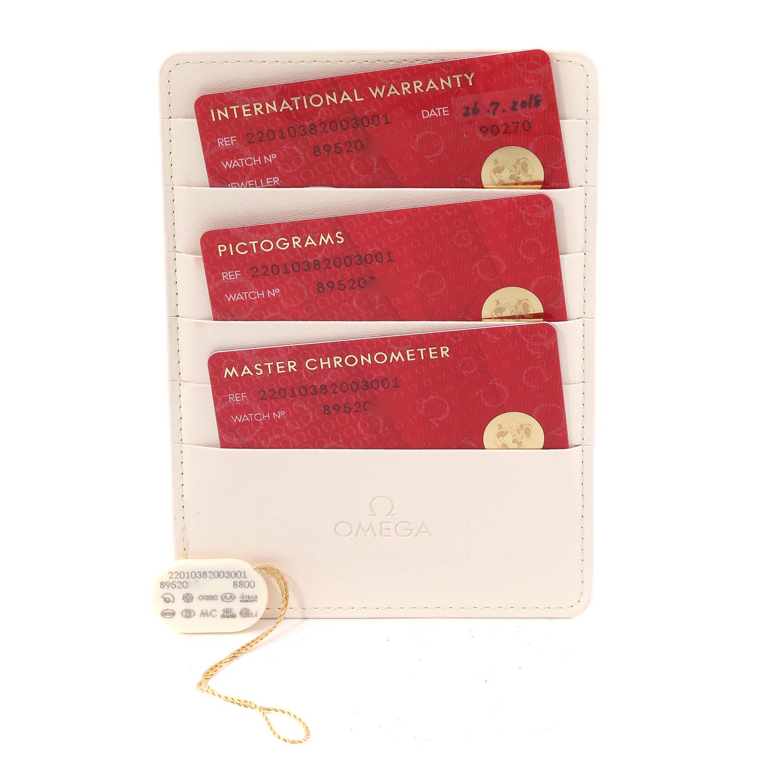 The image shows warranty cards and a certification tag for the Omega Aqua Terra 220.10.38.20.03.001 Men's Stainless Steel Blue Dial 220.10.38.20.03.001 Men's Stainless Steel Blue Dial watch model.