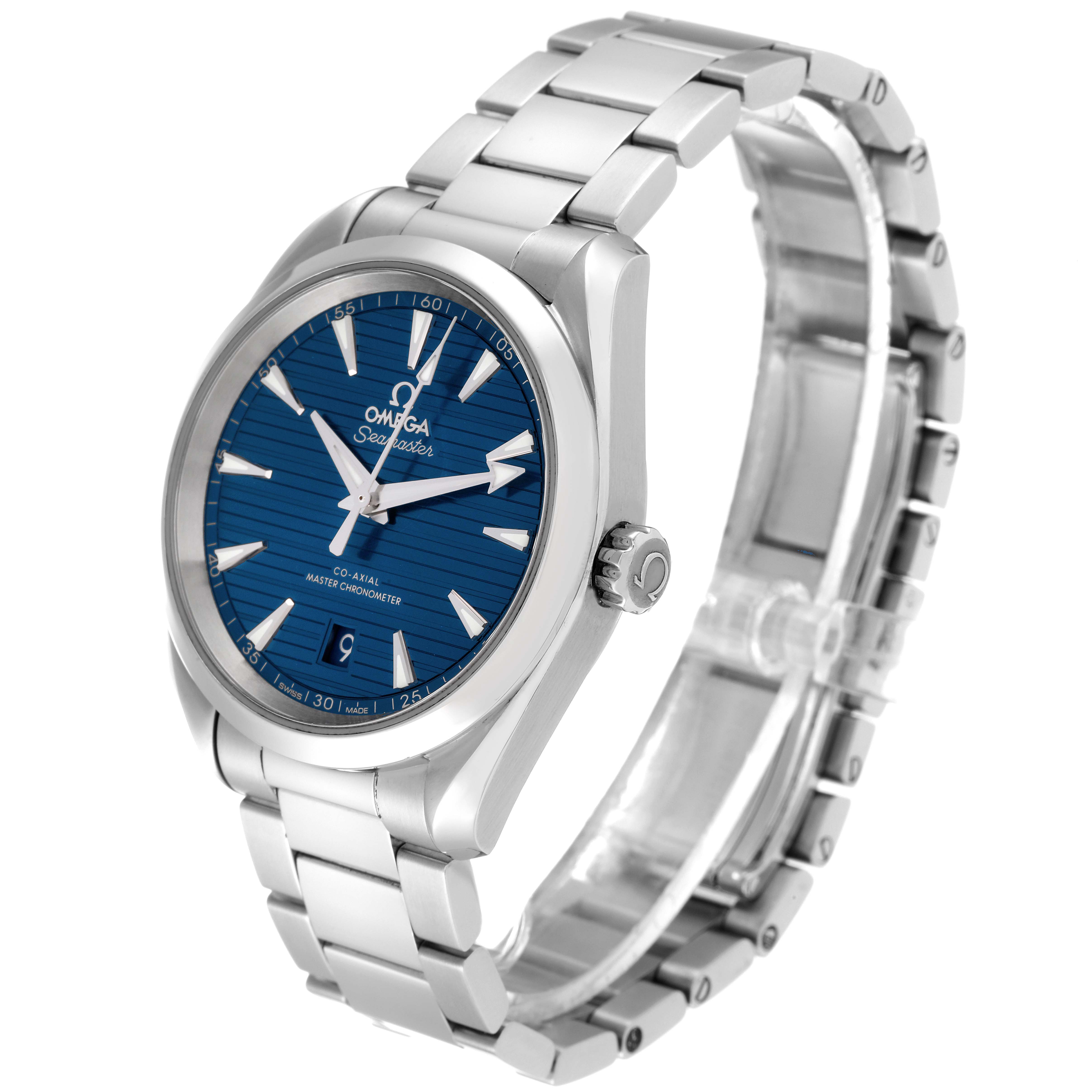 The image shows an Omega Aqua Terra 220.10.38.20.03.001 Men's Stainless Steel Blue Dial 220.10.38.20.03.001 Men's Stainless Steel Blue Dial watch with a blue dial and stainless steel bracelet from a three-quarter front angle.