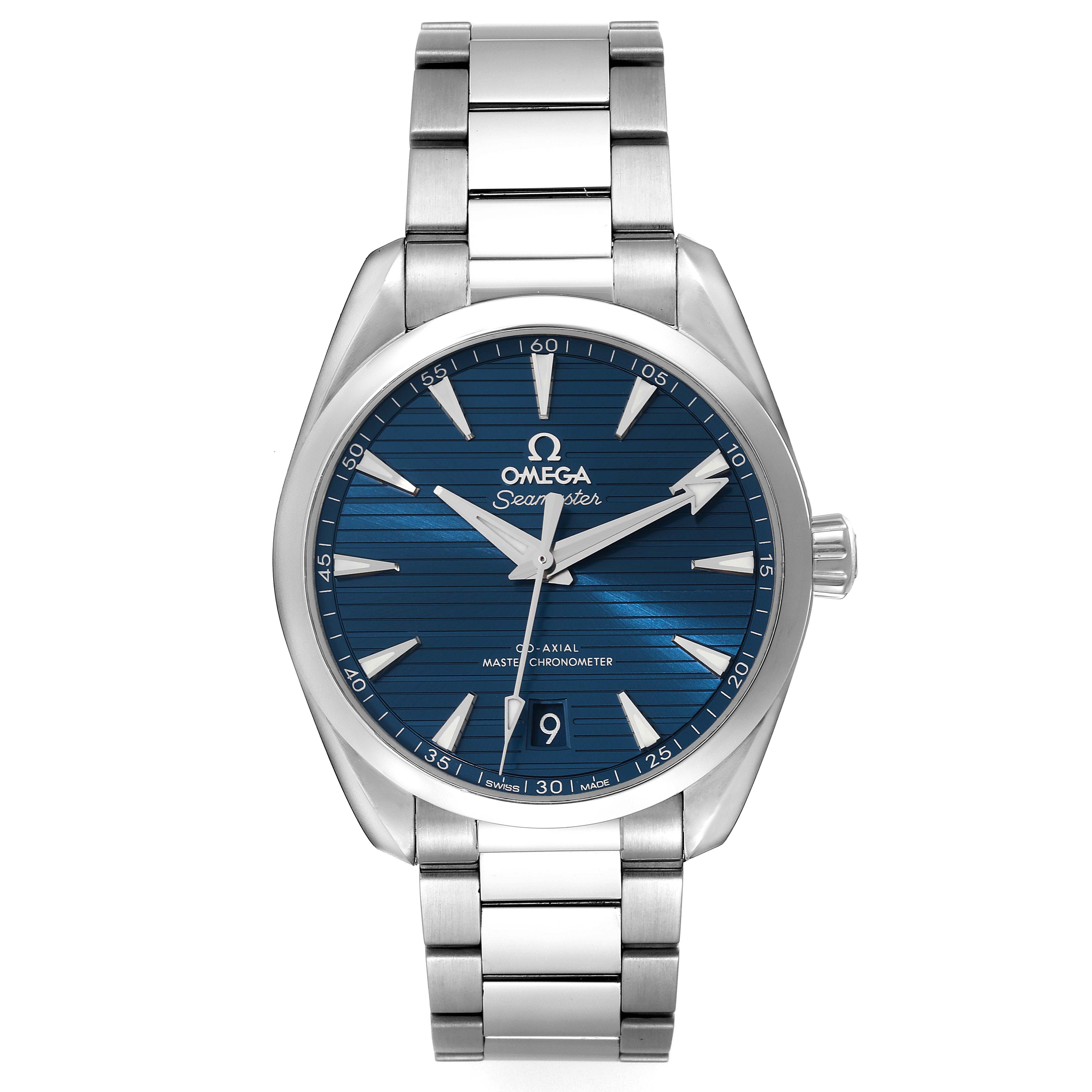 This image shows a frontal view of the Omega Aqua Terra 220.10.38.20.03.001 Men's Stainless Steel Blue Dial 220.10.38.20.03.001 Men's Stainless Steel Blue Dial watch, displaying the face, bezel, crown, and stainless steel bracelet.