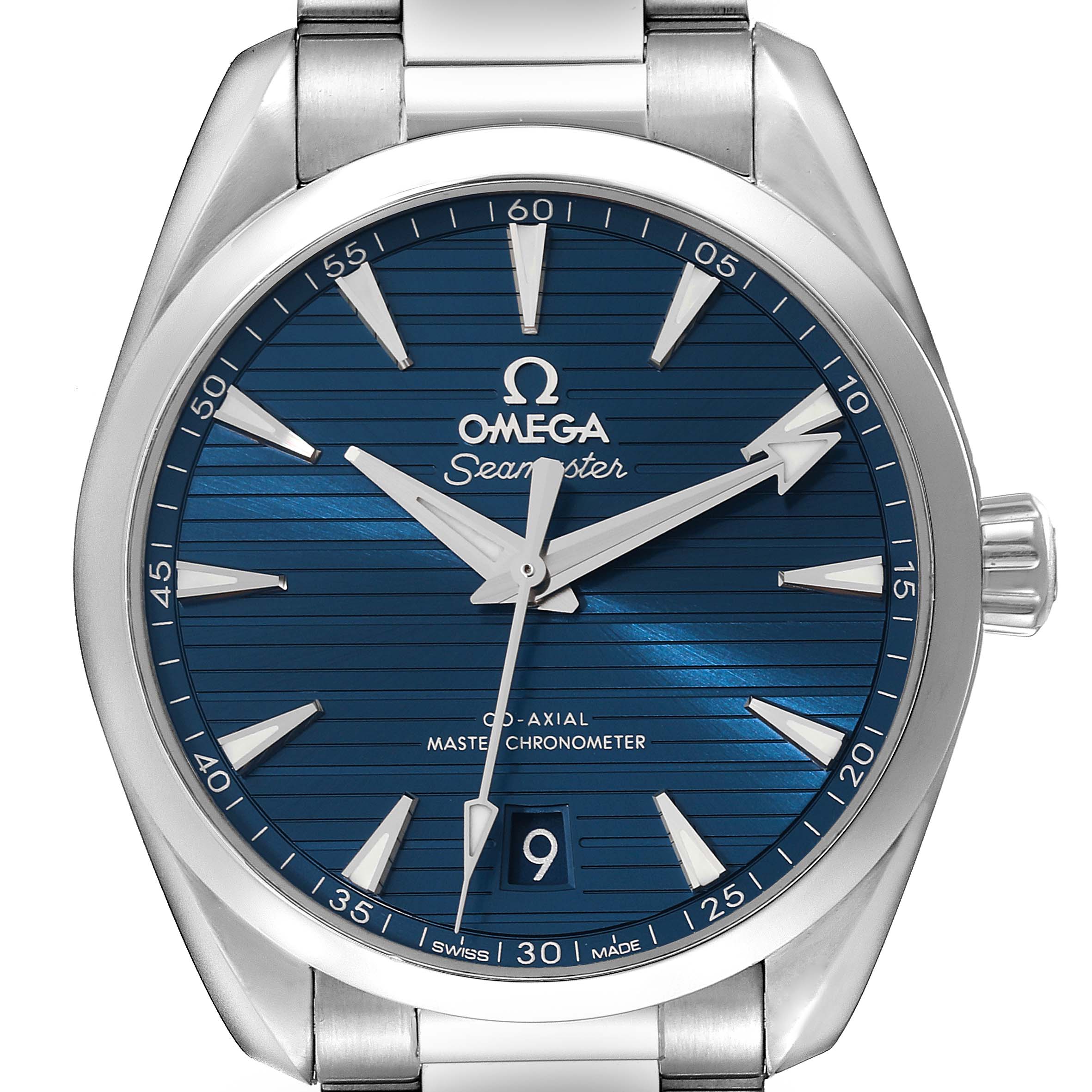 The image shows a front view of an Omega Aqua Terra 220.10.38.20.03.001 Men's Stainless Steel Blue Dial 220.10.38.20.03.001 Men's Stainless Steel Blue Dial Seamaster watch, highlighting its blue dial, hands, markers, and date window at 6 o’clock.
