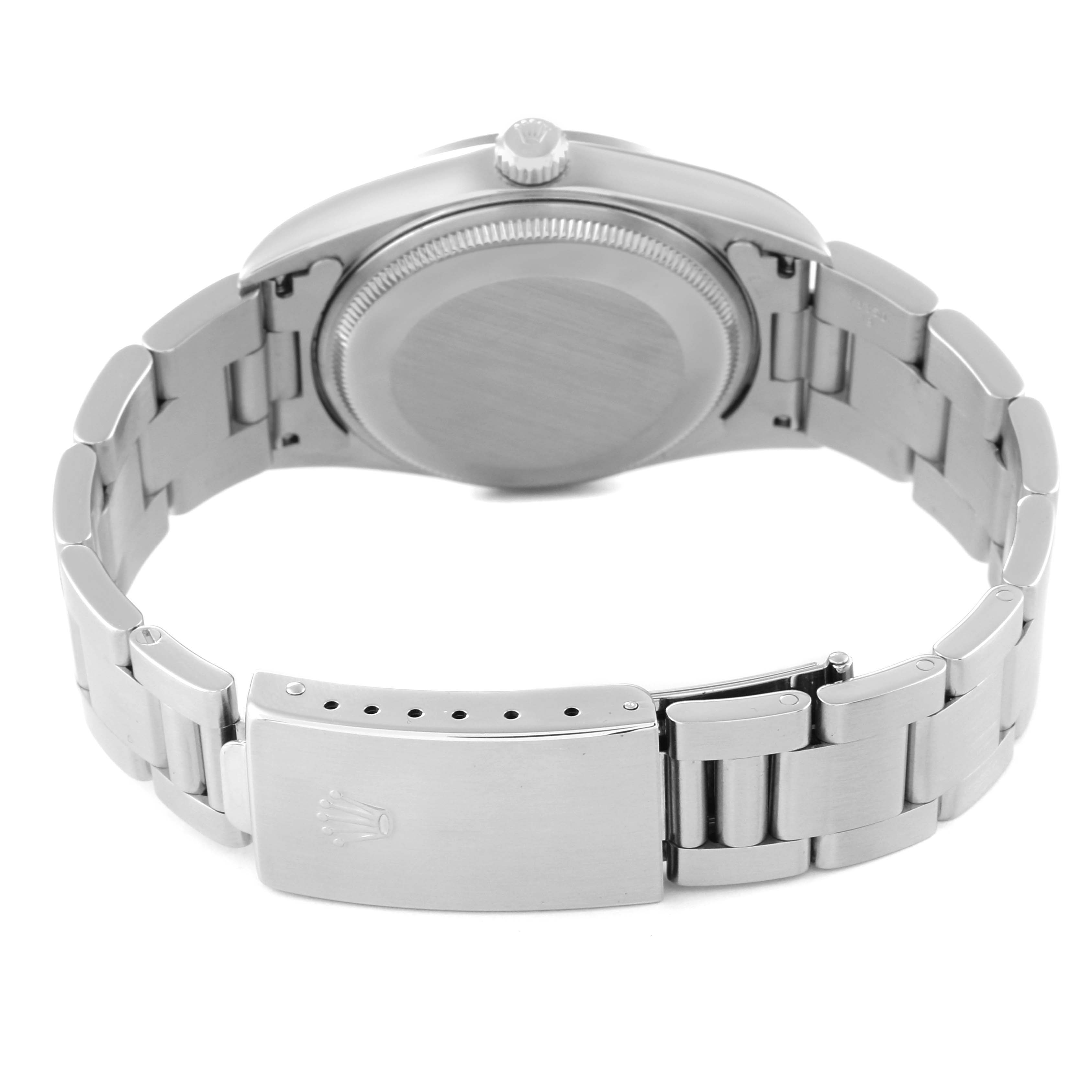 The image shows the back view, case back, and bracelet of a Rolex Air-King 14000 Men's Stainless Steel Pink Dial 14000 Men's Stainless Steel Pink Dial watch.