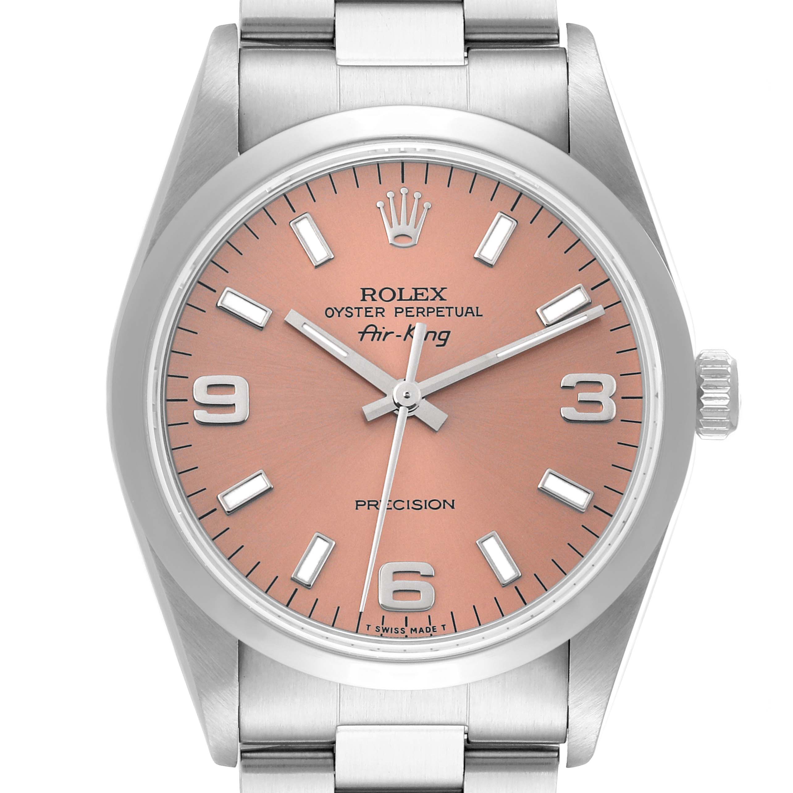 This image shows a front view of the Rolex Air-King 14000 Men's Stainless Steel Pink Dial 14000 Men's Stainless Steel Pink Dial watch, focusing on the dial, hands, markers, and part of the bracelet.