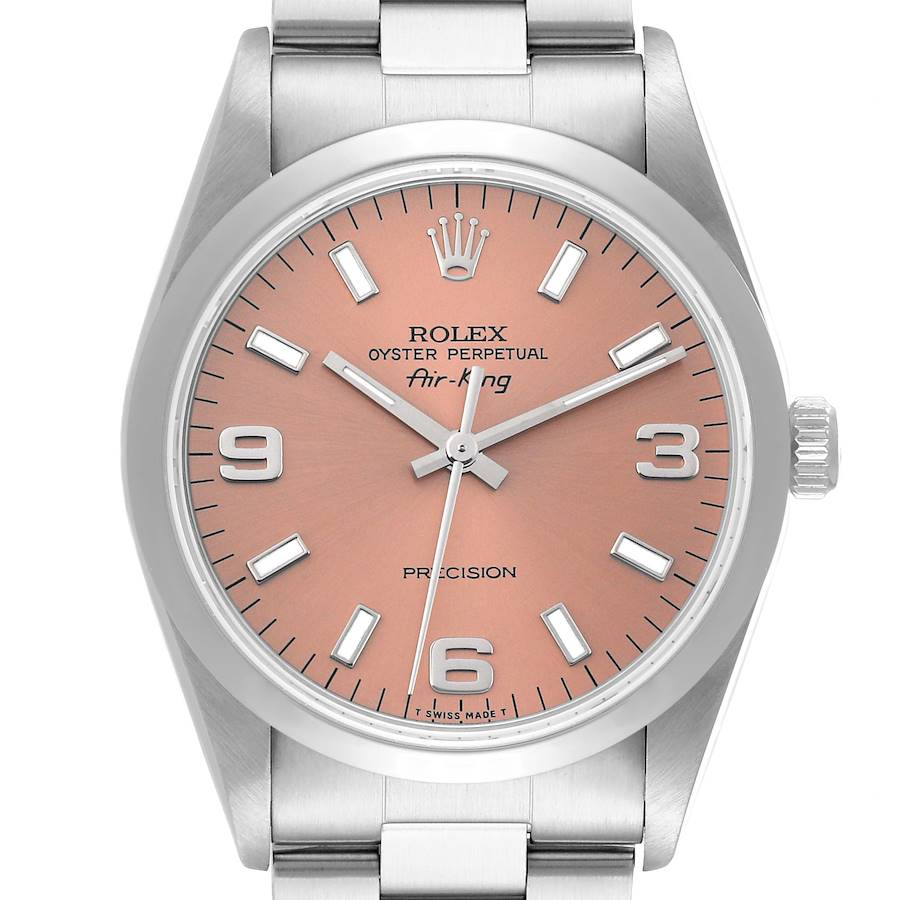 Rolex Air King Salmon Dial Smooth Bezel Steel Mens Watch 14000 Box Papers SwissWatchExpo