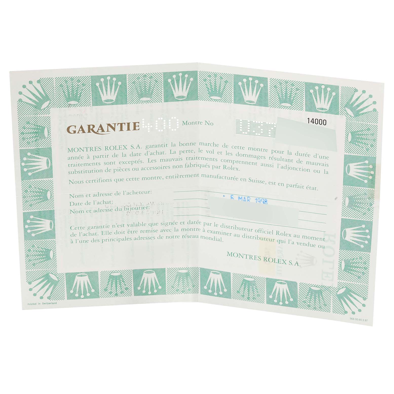 This image shows the warranty certificate for the Rolex Air-King 14000 Men's Stainless Steel Pink Dial 14000 Men's Stainless Steel Pink Dial watch.