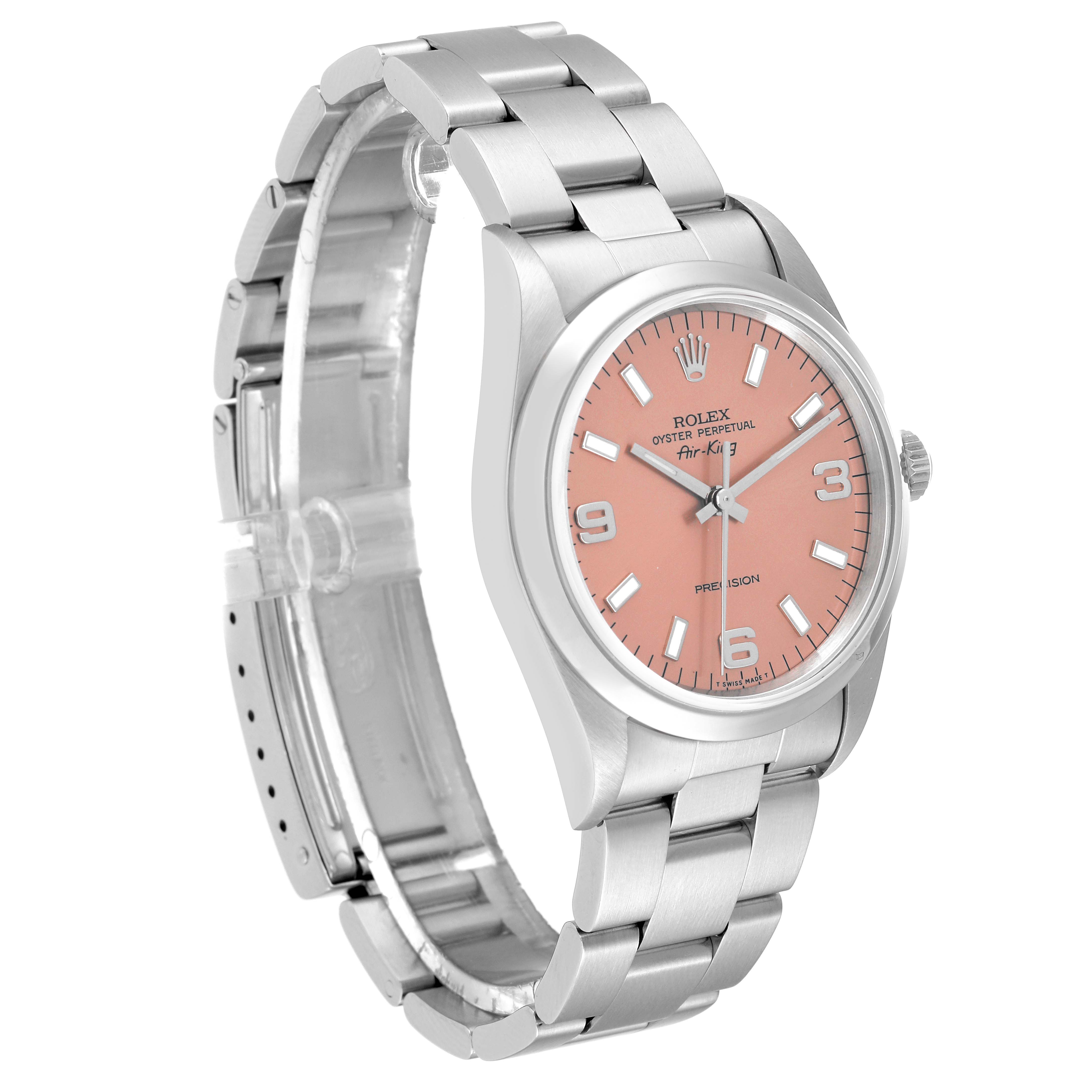The Rolex Air-King 14000 Men's Stainless Steel Pink Dial 14000 Men's Stainless Steel Pink Dial watch is shown at an angled side view, highlighting its face, bezel, and bracelet.