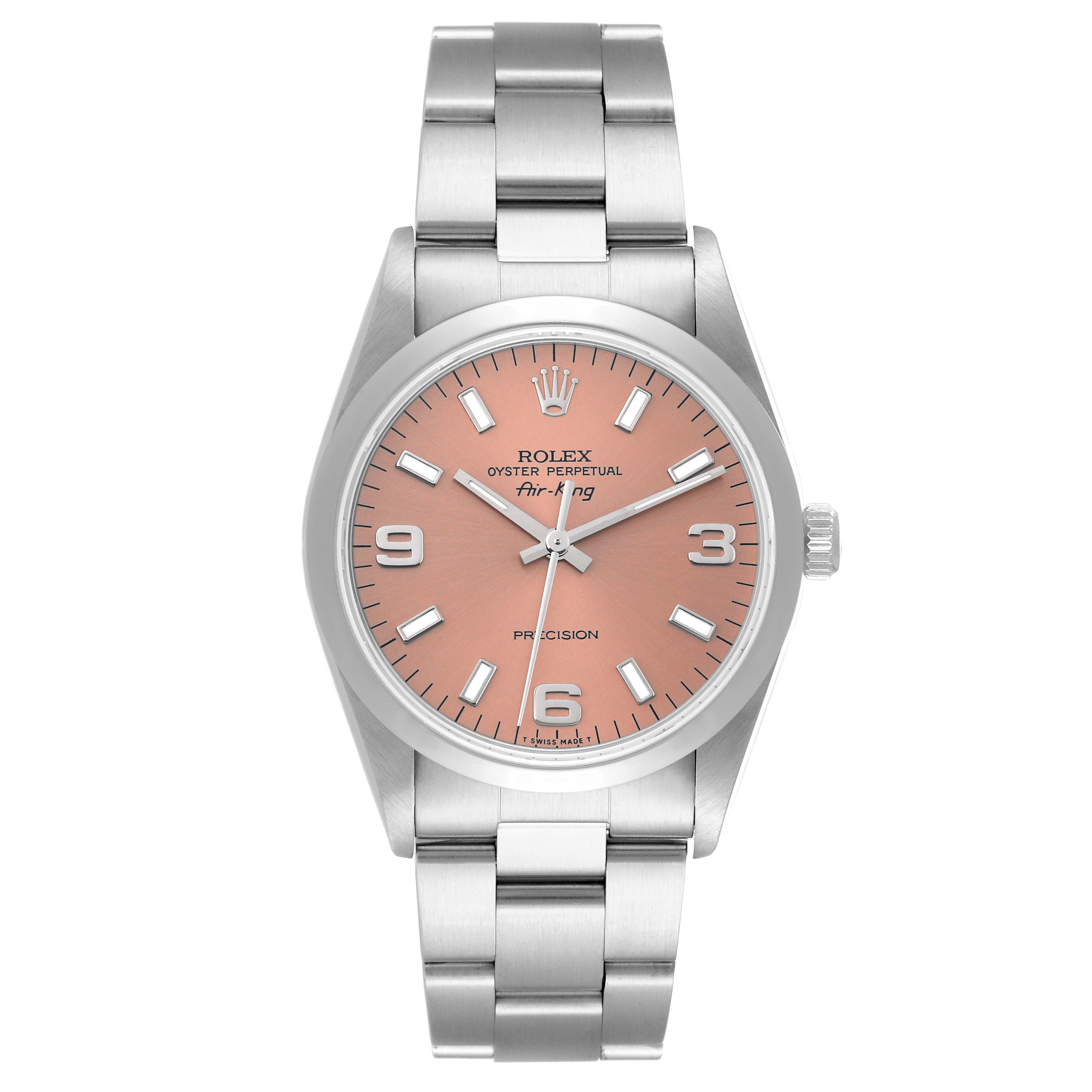 The Rolex Air-King 14000 Men's Stainless Steel Pink Dial 14000 Men's Stainless Steel Pink Dial watch is shown front-facing, displaying the dial, hour markers, and full bracelet strap.