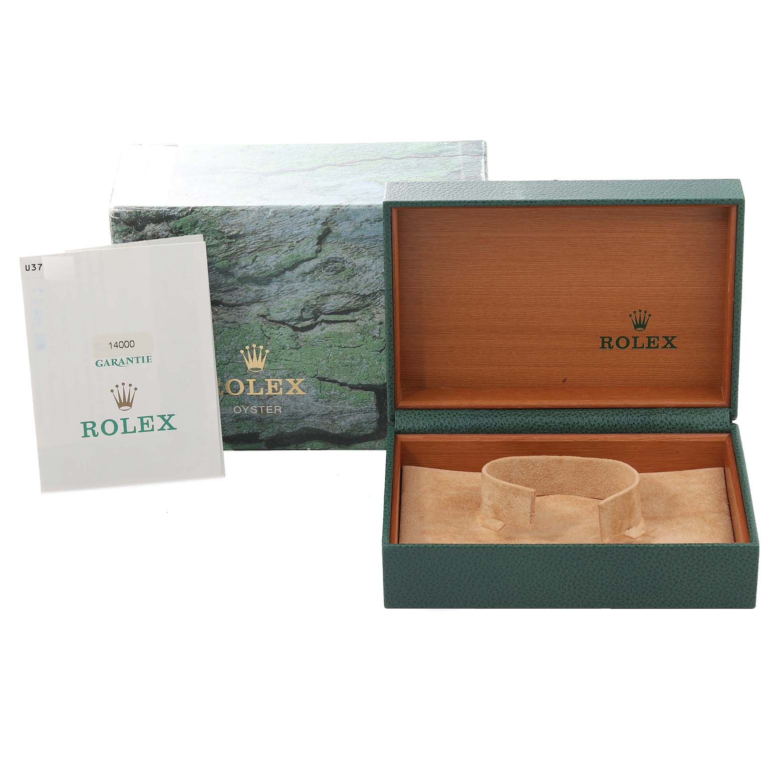 This image shows the packaging for the Rolex Air-King 14000 Men's Stainless Steel Pink Dial 14000 Men's Stainless Steel Pink Dial model, including the box and guarantee card at an angled top-down view.