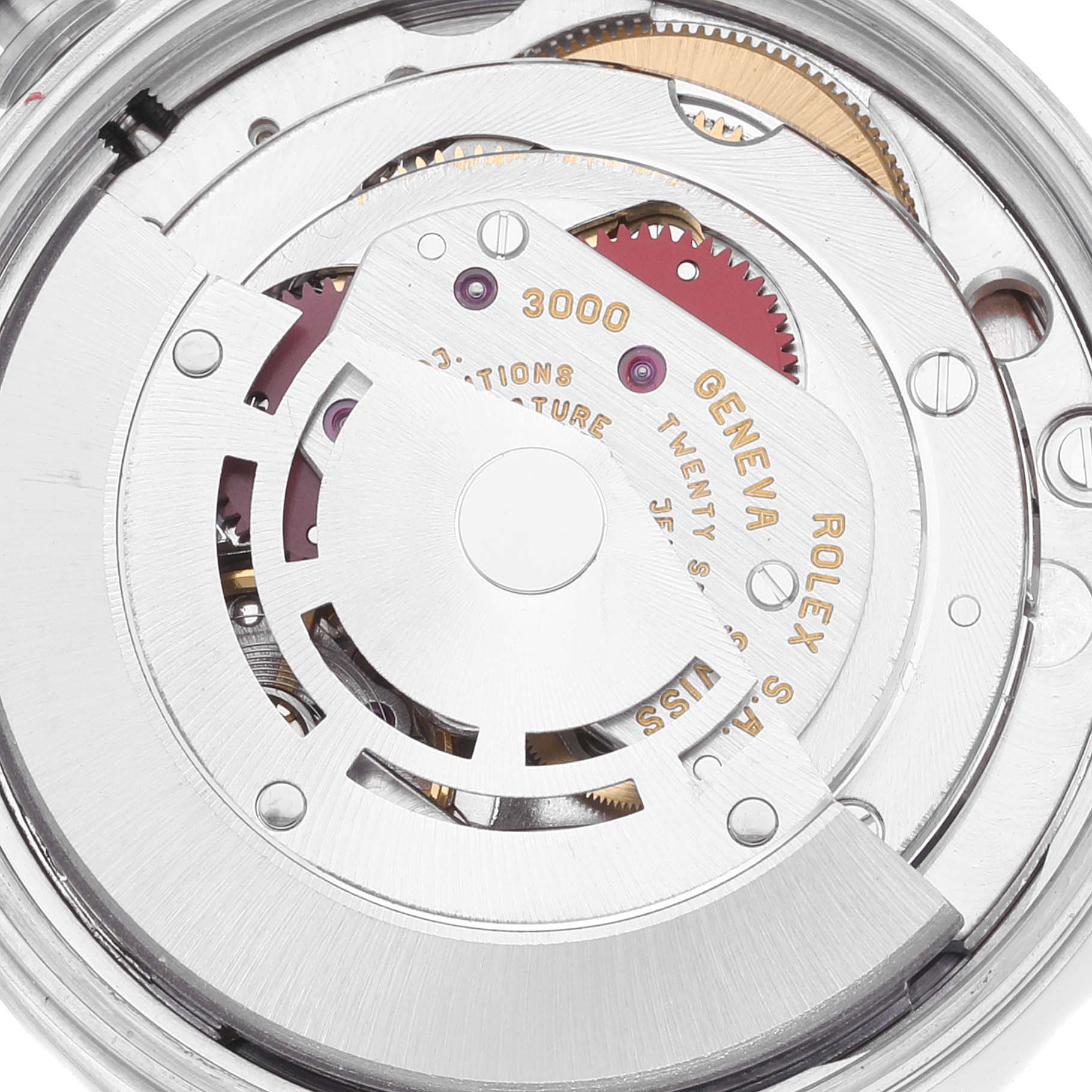 This image shows the internal mechanism of a Rolex Air-King 14000 Men's Stainless Steel Pink Dial 14000 Men's Stainless Steel Pink Dial watch, highlighting its intricate gears and components.