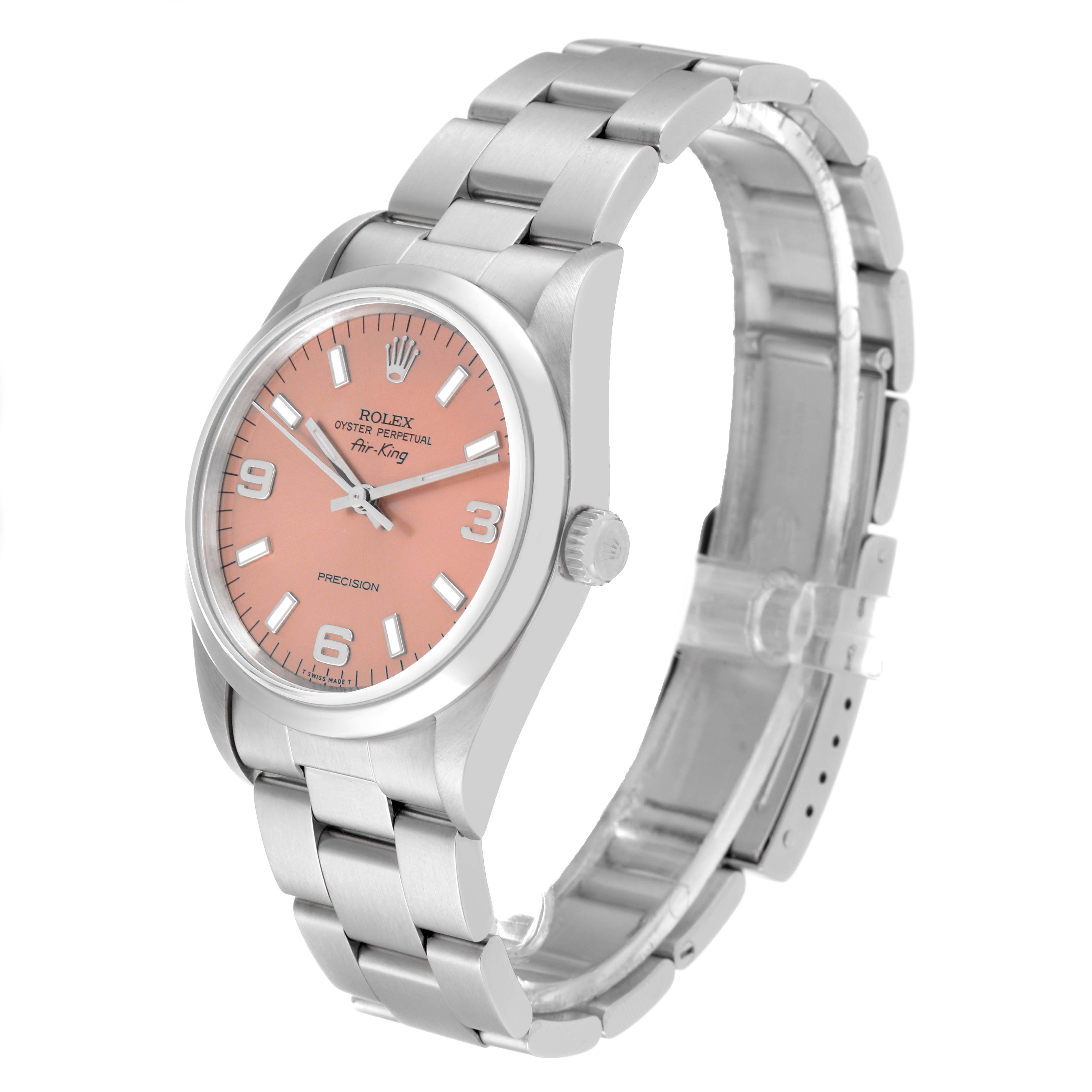 The image shows a Rolex Air-King 14000 Men's Stainless Steel Pink Dial 14000 Men's Stainless Steel Pink Dial watch from a three-quarter angle, highlighting its face, bezel, and bracelet.