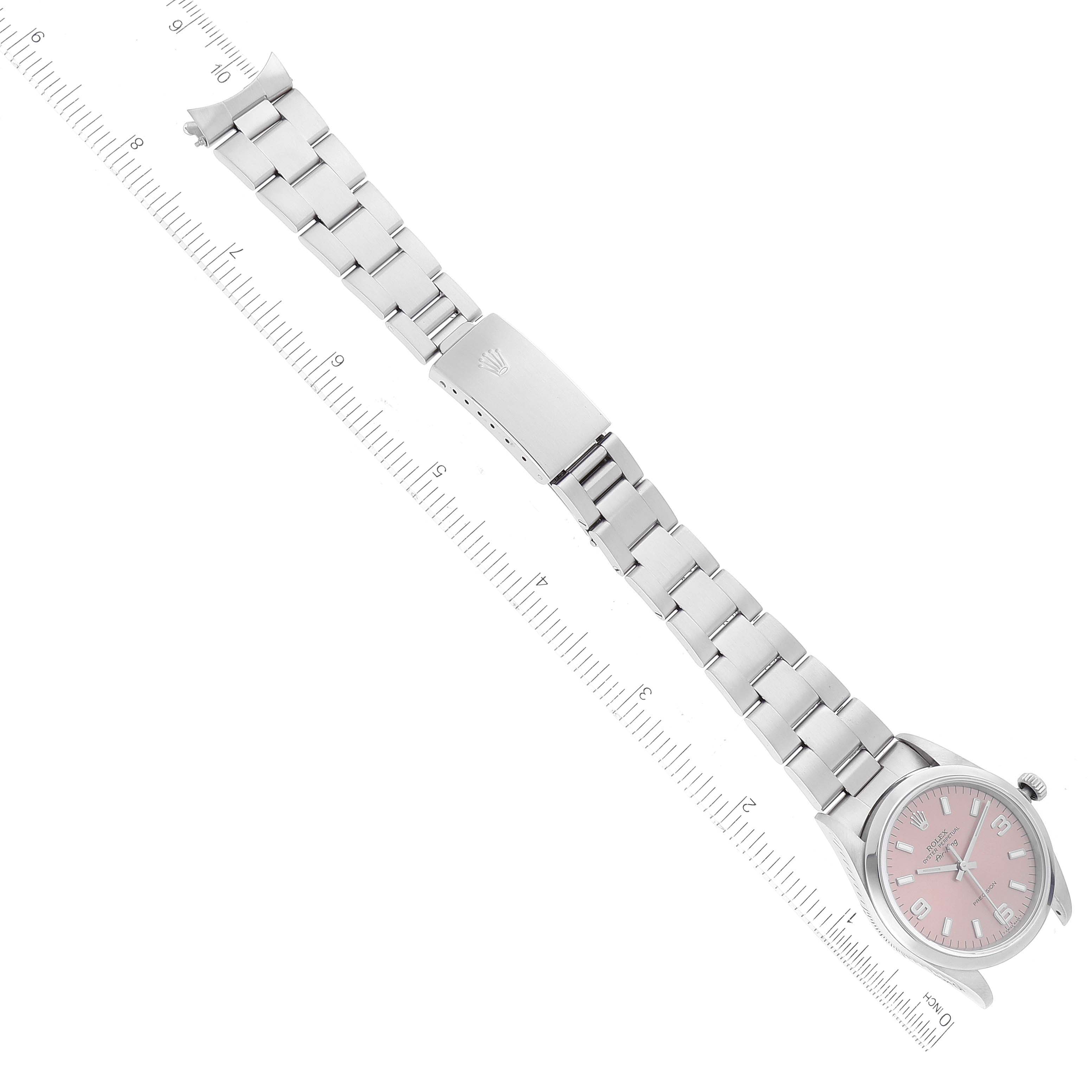 This image shows a full view of the Rolex Air-King 14000 Men's Stainless Steel Pink Dial 14000 Men's Stainless Steel Pink Dial watch including its pink dial, bracelet, and clasp, angled diagonally.