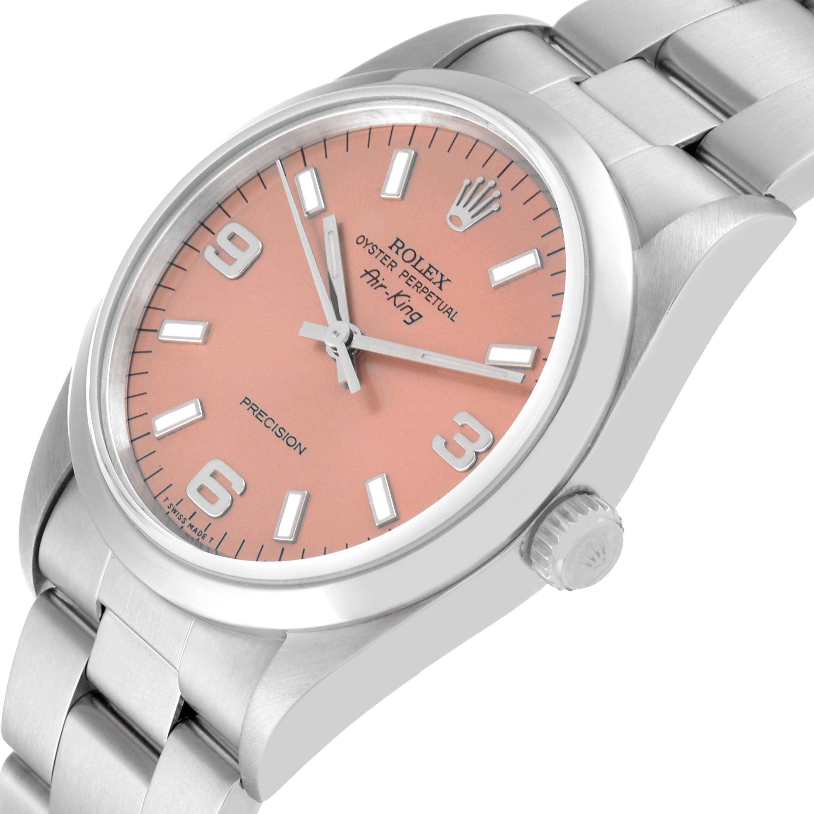 The image shows a side angle of the Rolex Air-King 14000 Men's Stainless Steel Pink Dial 14000 Men's Stainless Steel Pink Dial watch, highlighting its pink dial, crown, and stainless steel bracelet.