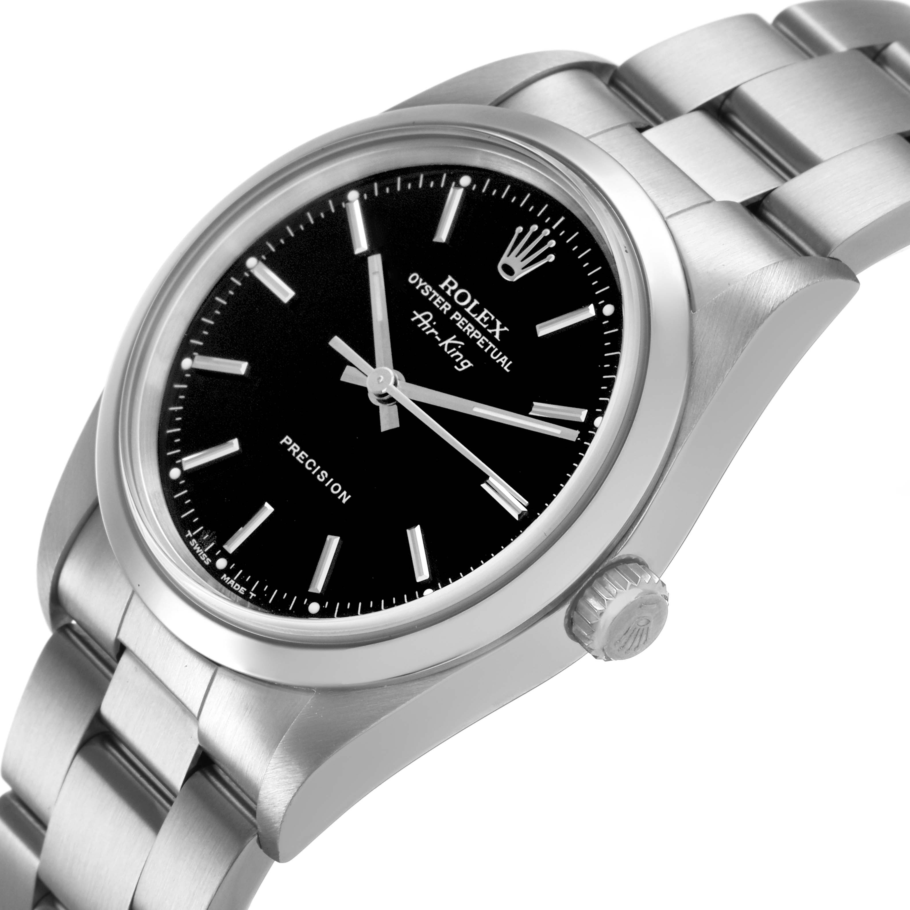 The Rolex Air-King 14000 Men's Stainless Steel Black Dial watch is shown at an angled side view, highlighting the dial, crown, and part of the bracelet.