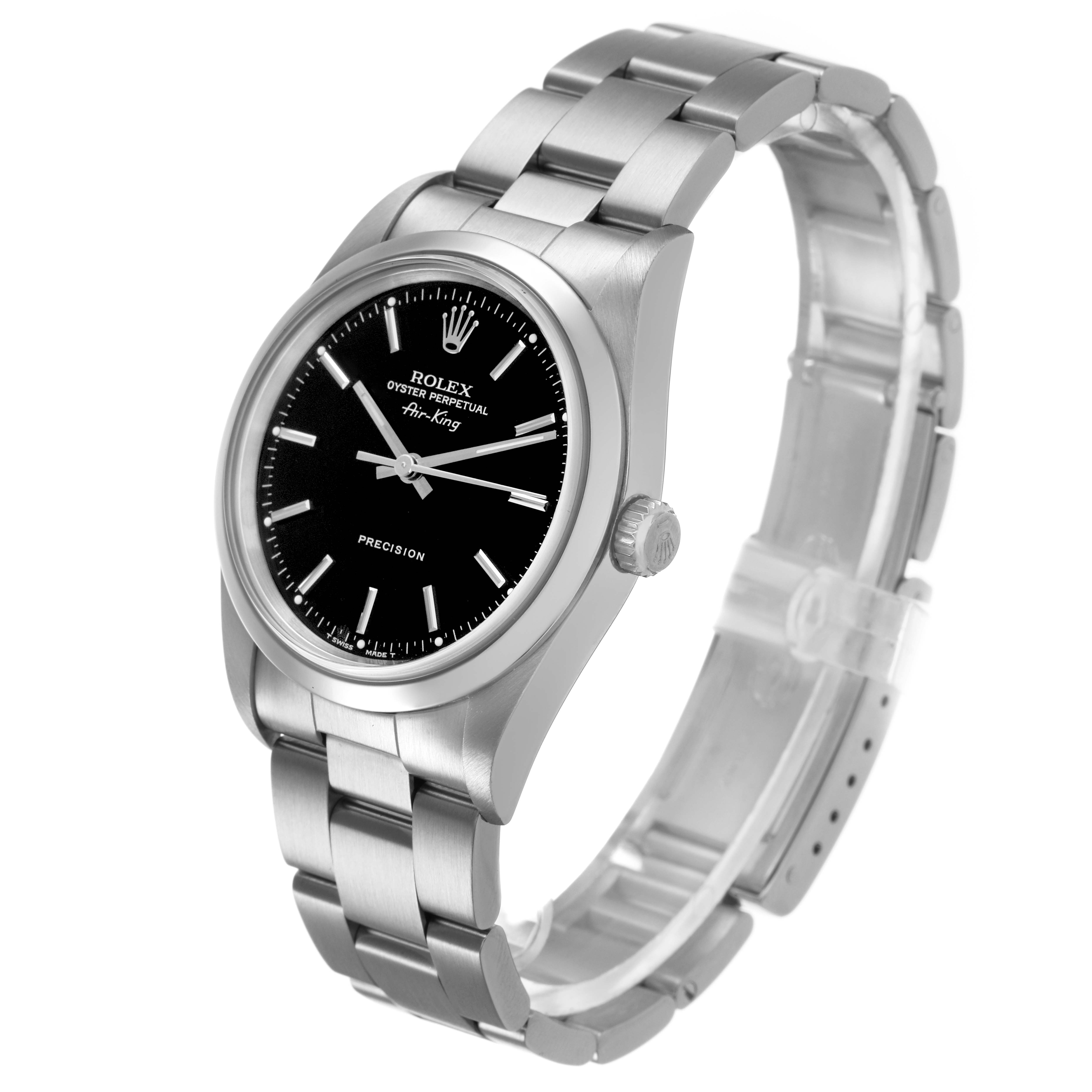 The image shows a side angle of the Rolex Air-King 14000 Men's Stainless Steel Black Dial, highlighting the dial, bezel, bracelet, and crown.