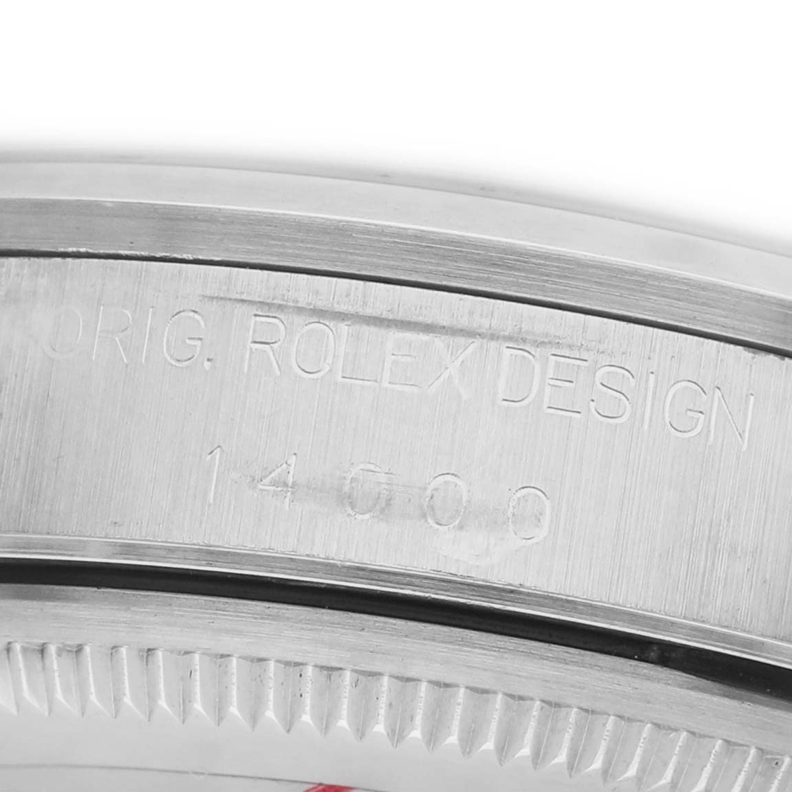The image shows the side engraving of a Rolex Air-King 14000 Men's Stainless Steel Black Dial watch case, featuring the model number.