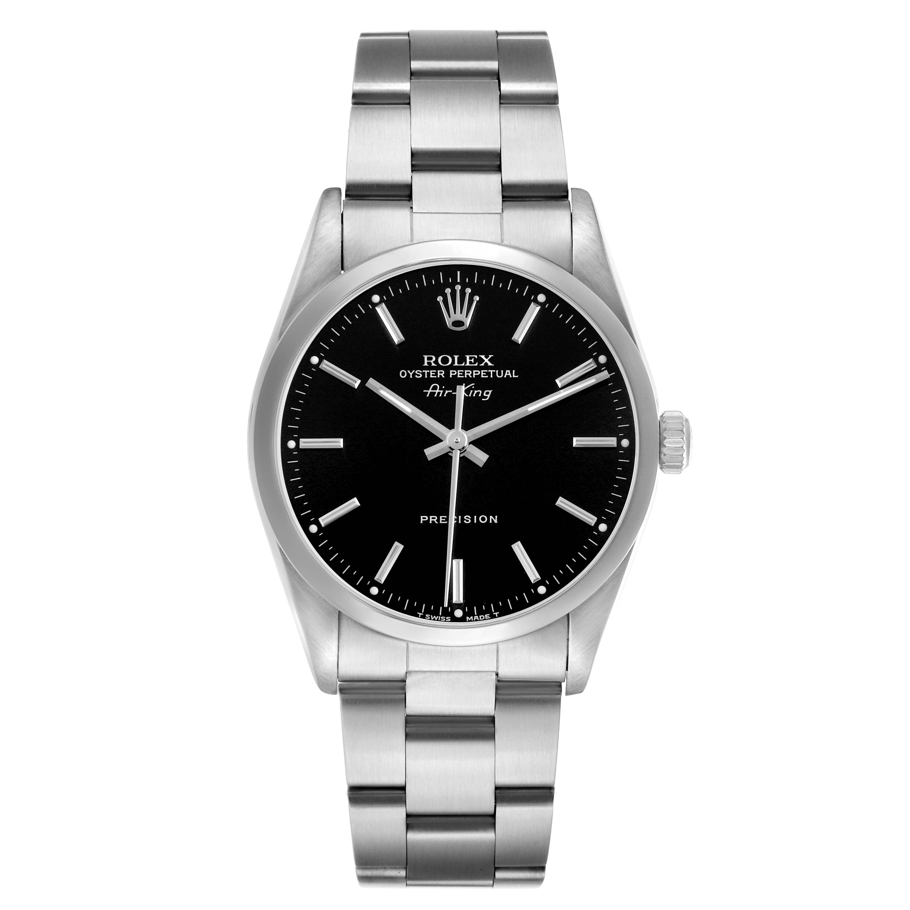 The Rolex Air-King 14000 Men's Stainless Steel Black Dial watch is shown from a front angle, displaying its dial, case, and bracelet.